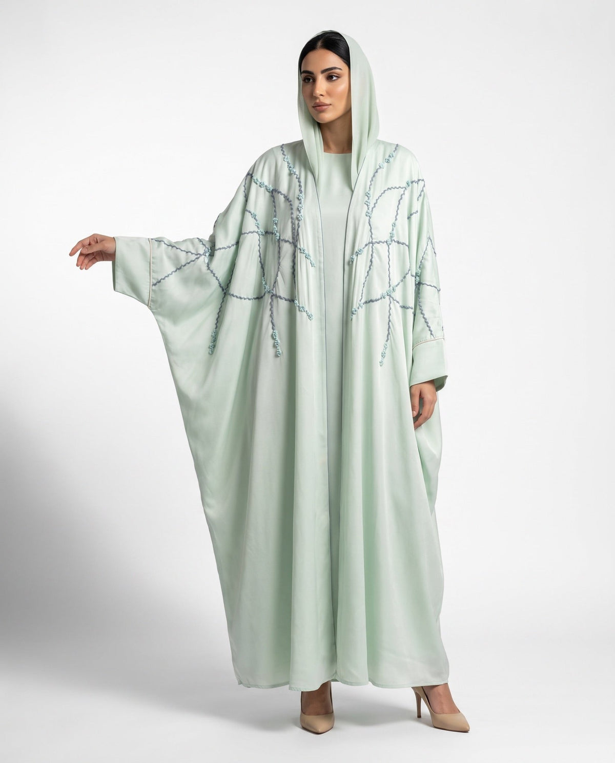111101010 – Light Green Washed Silk Abaya - LULU LINE - MIRA Y MANO