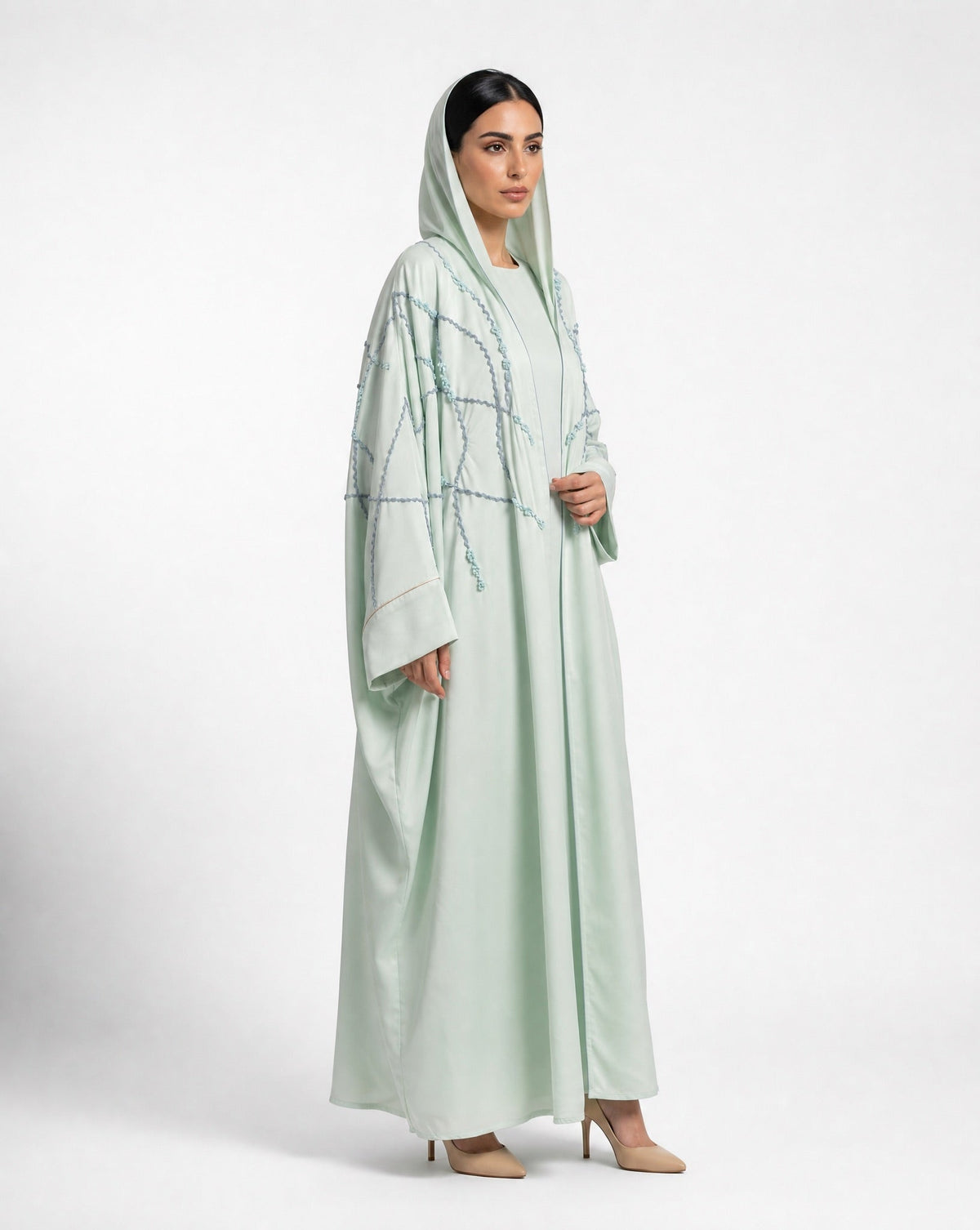 111101010 – Light Green Washed Silk Abaya - LULU LINE - MIRA Y MANO