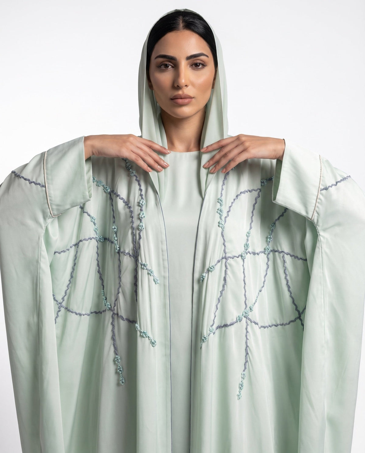 111101010 – Light Green Washed Silk Abaya - LULU LINE - MIRA Y MANO