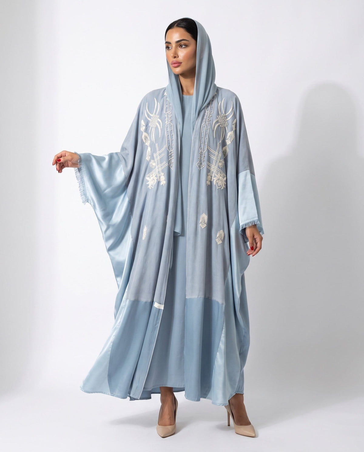 111101011 – Light Blue Washed Silk Abaya - LULU LINE - MIRA Y MANO