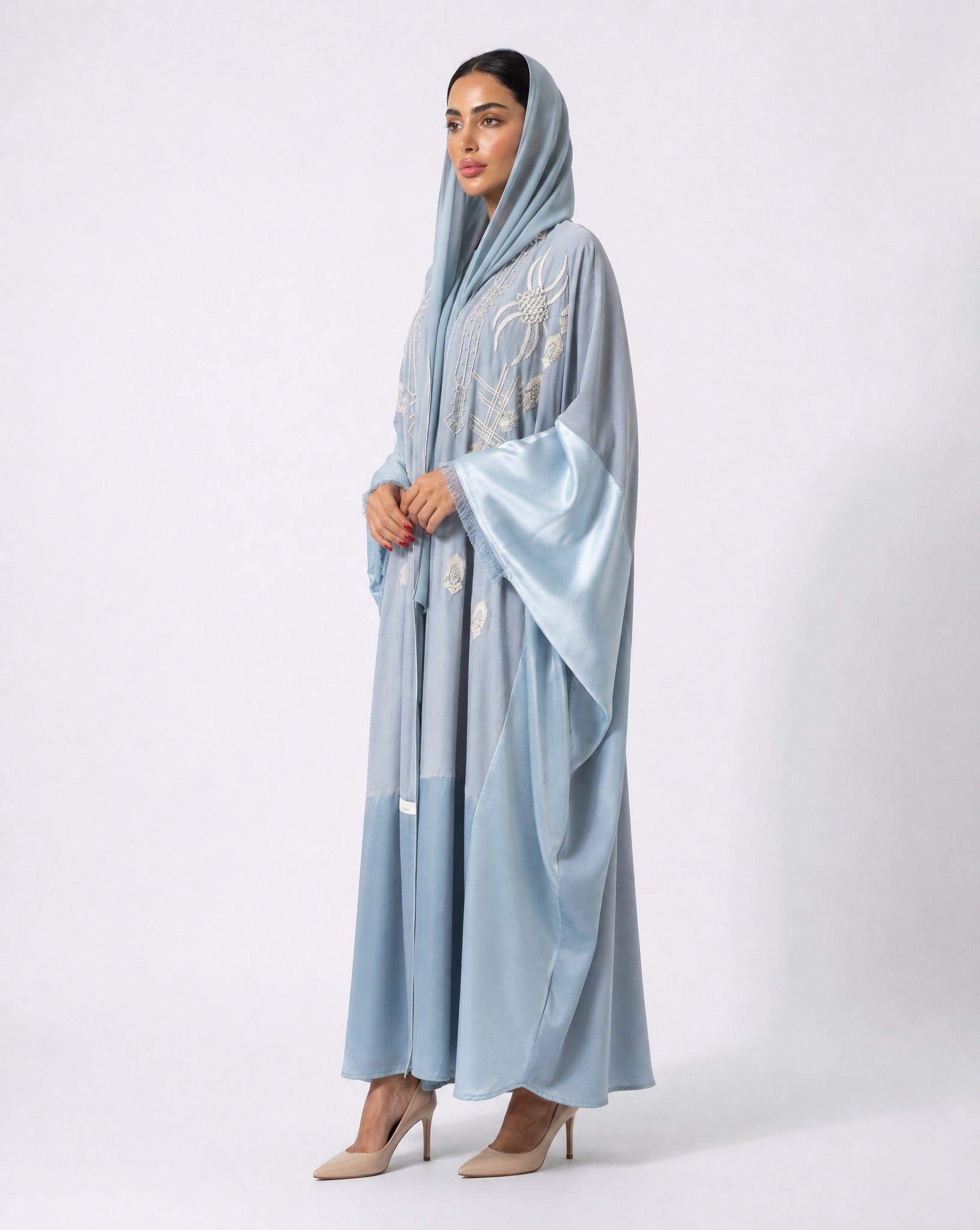 111101011 – Light Blue Washed Silk Abaya - LULU LINE - MIRA Y MANO