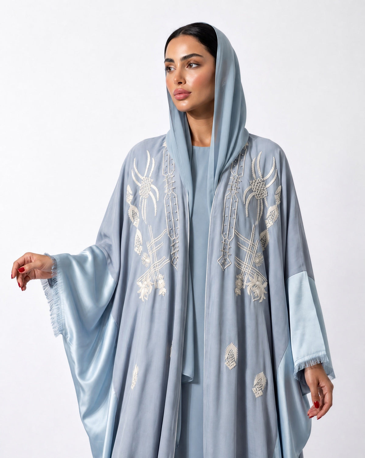 111101011 – Light Blue Washed Silk Abaya - LULU LINE - MIRA Y MANO