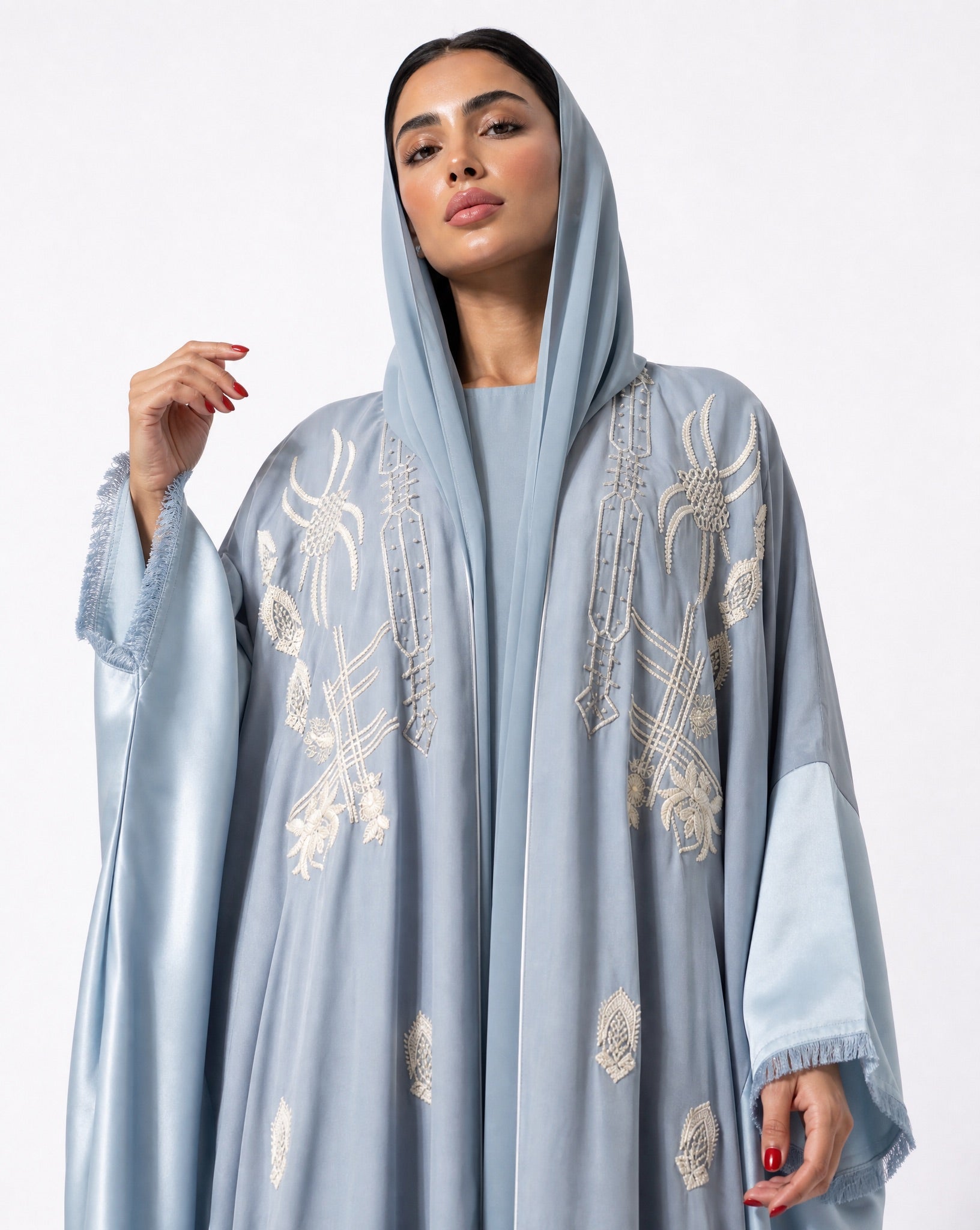 111101011 – Light Blue Washed Silk Abaya - LULU LINE - MIRA Y MANO