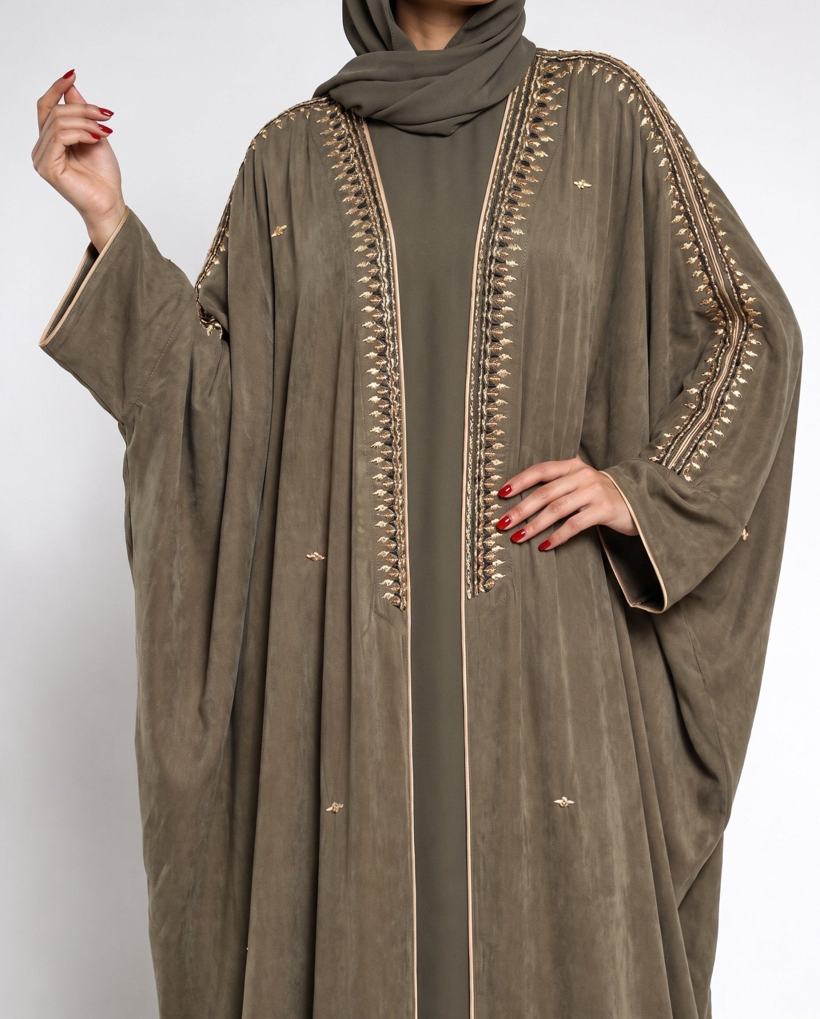 111101012 – Dark Olive Washed Silk Abaya - LULU LINE - MIRA Y MANO