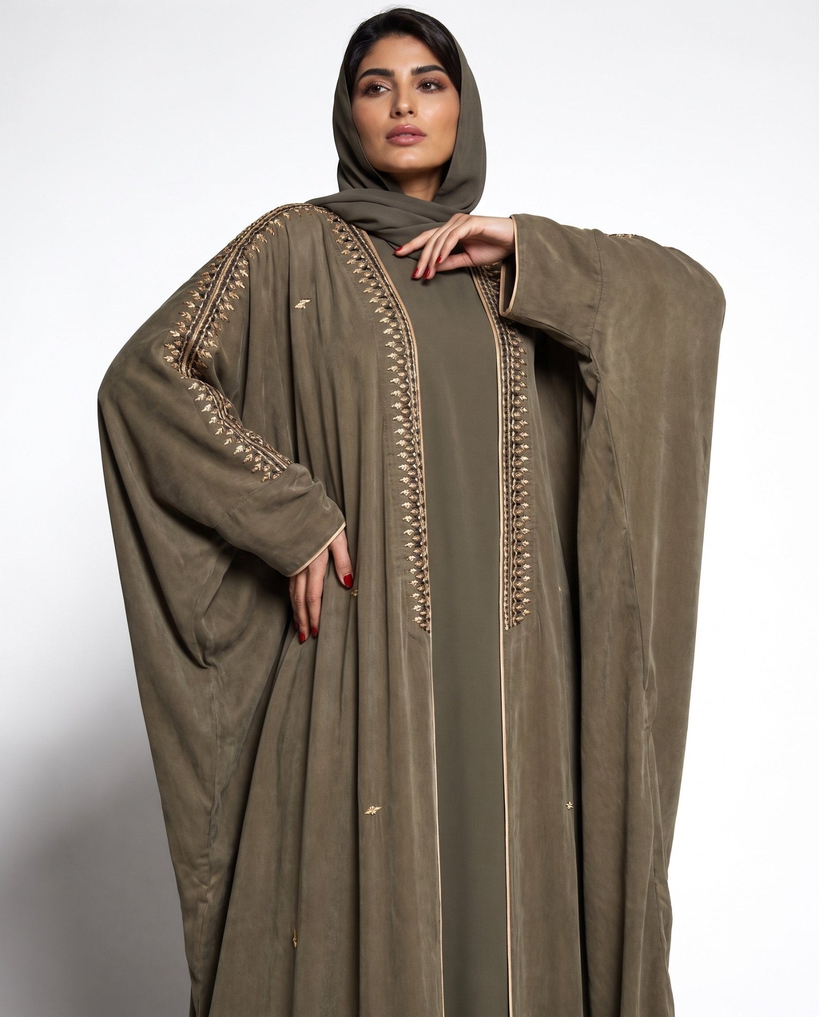 111101012 – Dark Olive Washed Silk Abaya - LULU LINE - MIRA Y MANO