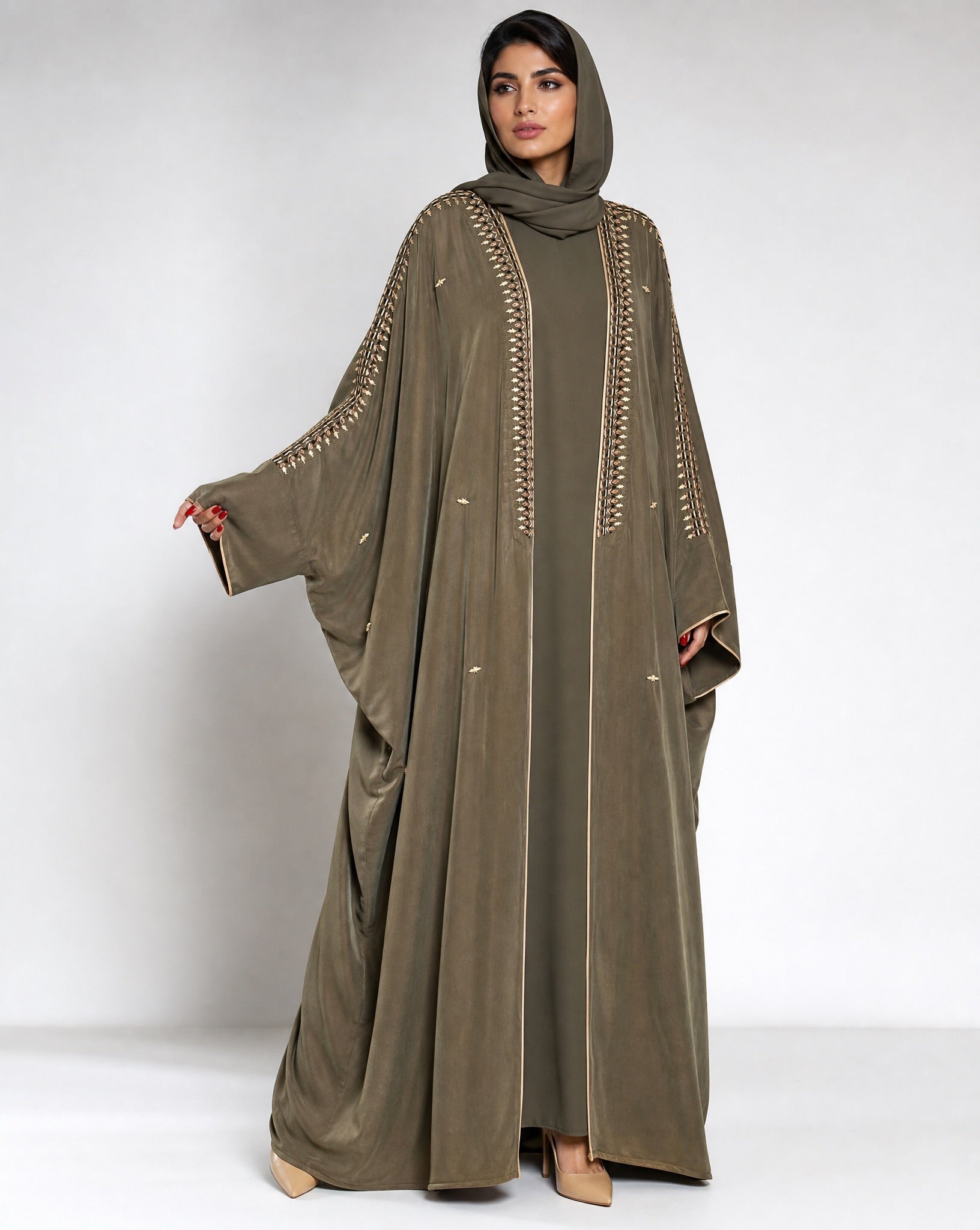 111101012 – Dark Olive Washed Silk Abaya - LULU LINE - MIRA Y MANO