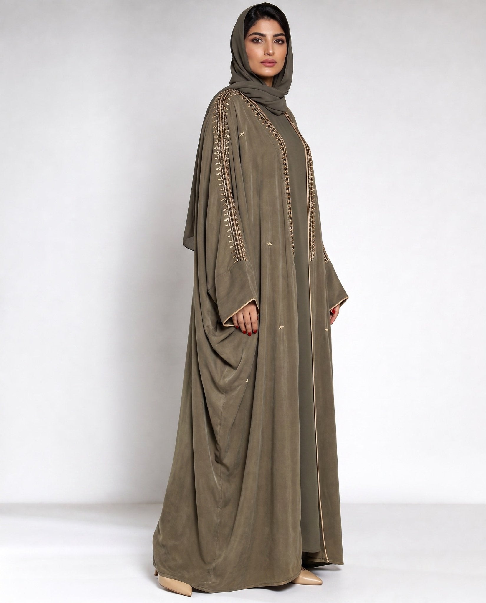 111101012 – Dark Olive Washed Silk Abaya - LULU LINE - MIRA Y MANO