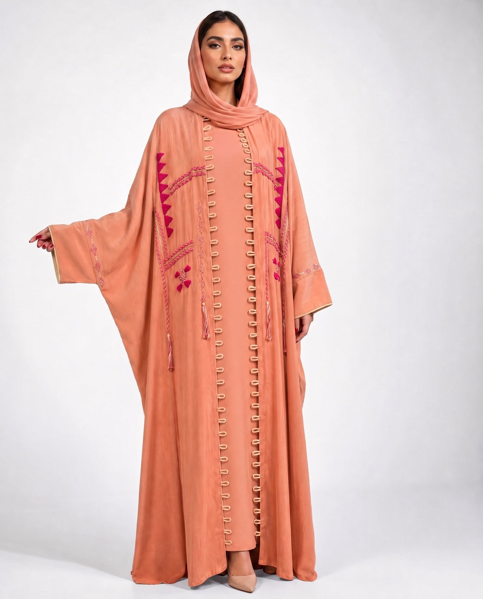 111101015 – Salmon Washed Silk Abaya - LULU LINE - MIRA Y MANO