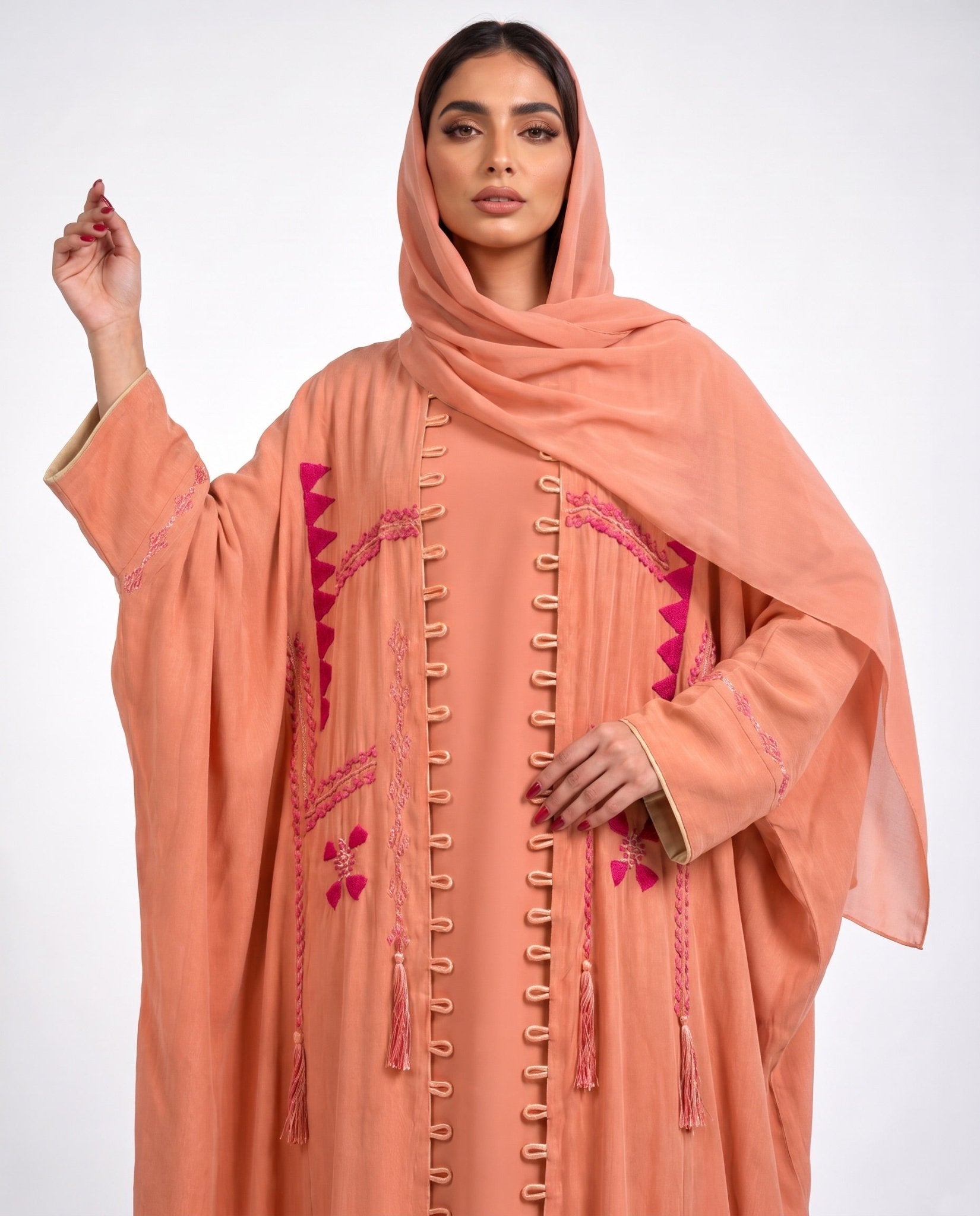 111101015 – Salmon Washed Silk Abaya - LULU LINE - MIRA Y MANO
