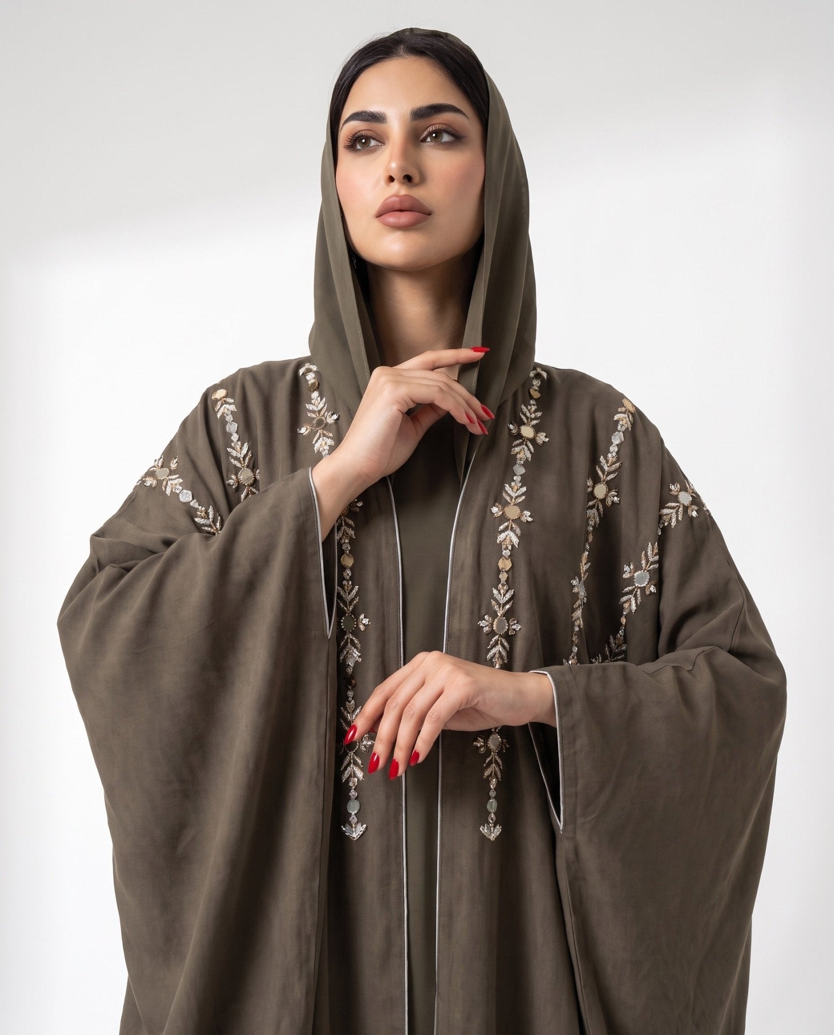 11110105 – Olive Washed Silk Abaya - LULU LINE - MIRA Y MANO
