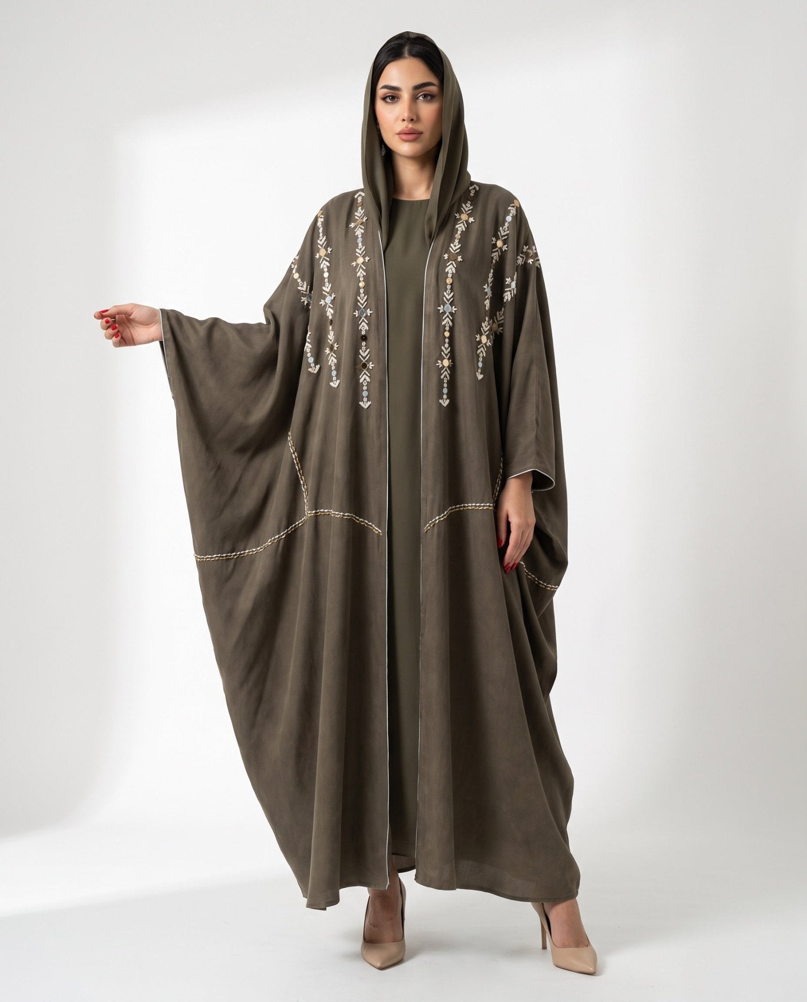 11110105 – Olive Washed Silk Abaya - LULU LINE - MIRA Y MANO