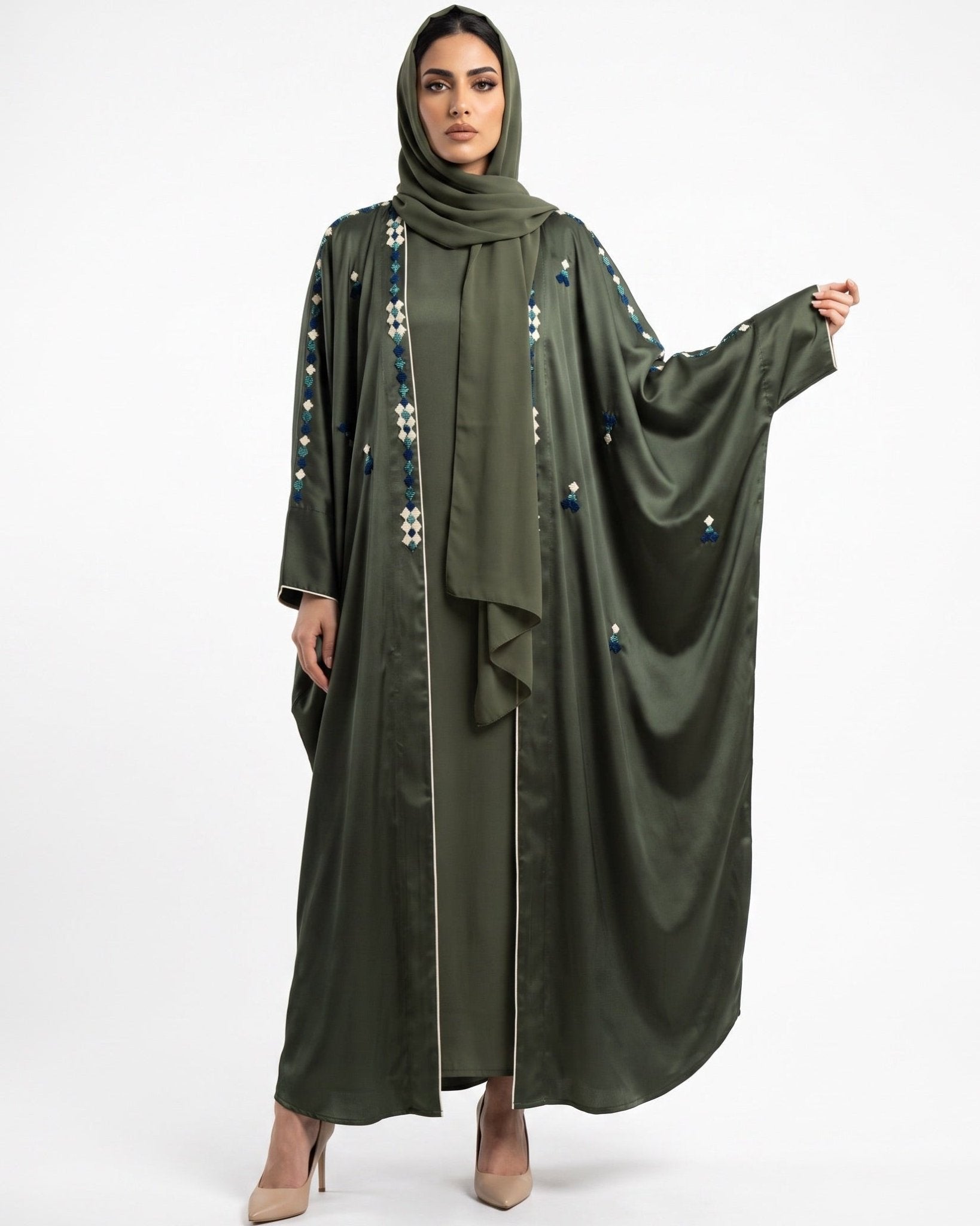 1111088 – Olive Silk Abaya - LULU LINE - MIRA Y MANO