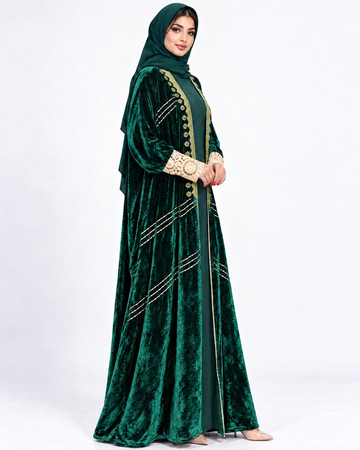 119-Dark Green Velvet Abaya - LULU LINE - MIRA Y MANO