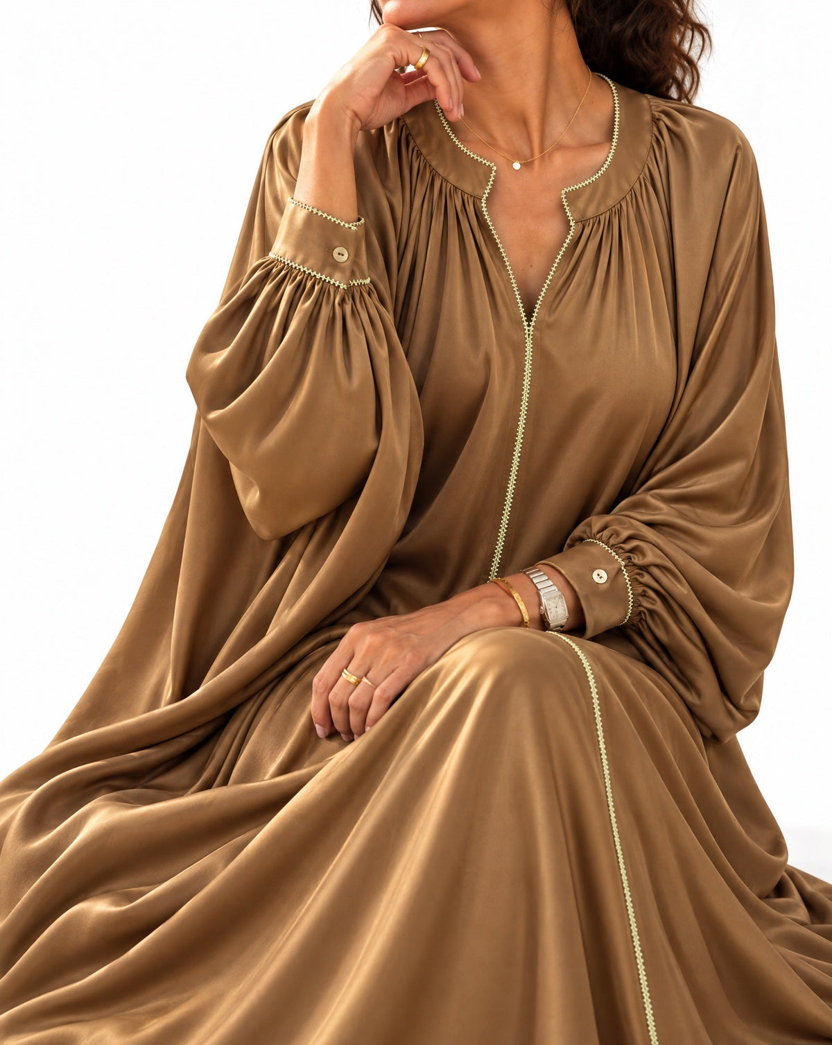 Nawal Brown Satin Dress - MAISON MAJ - MIRA Y MANO