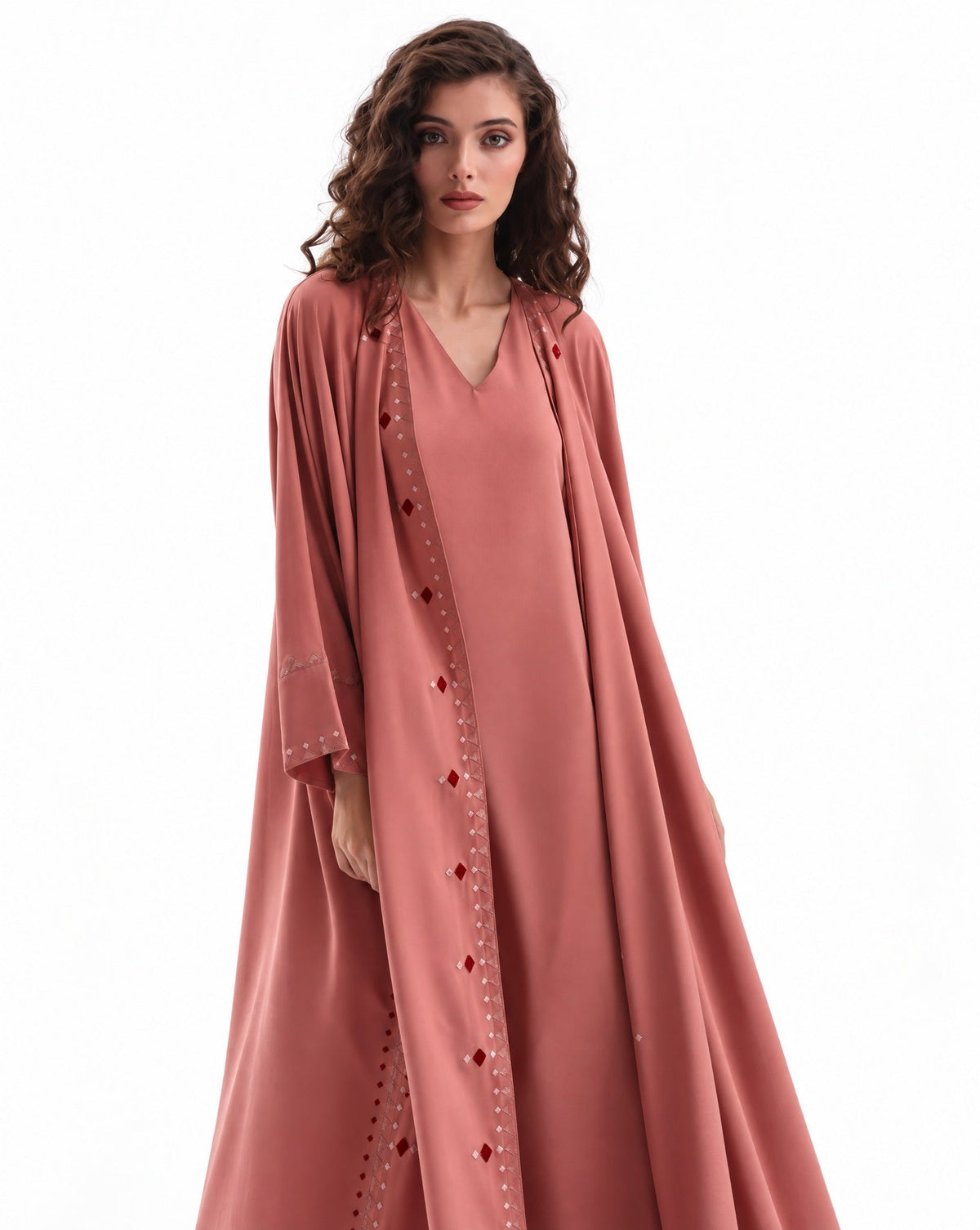 F26 A EC33 - Light Coral Georgette Abaya Set - MAISOON - MIRA Y MANO