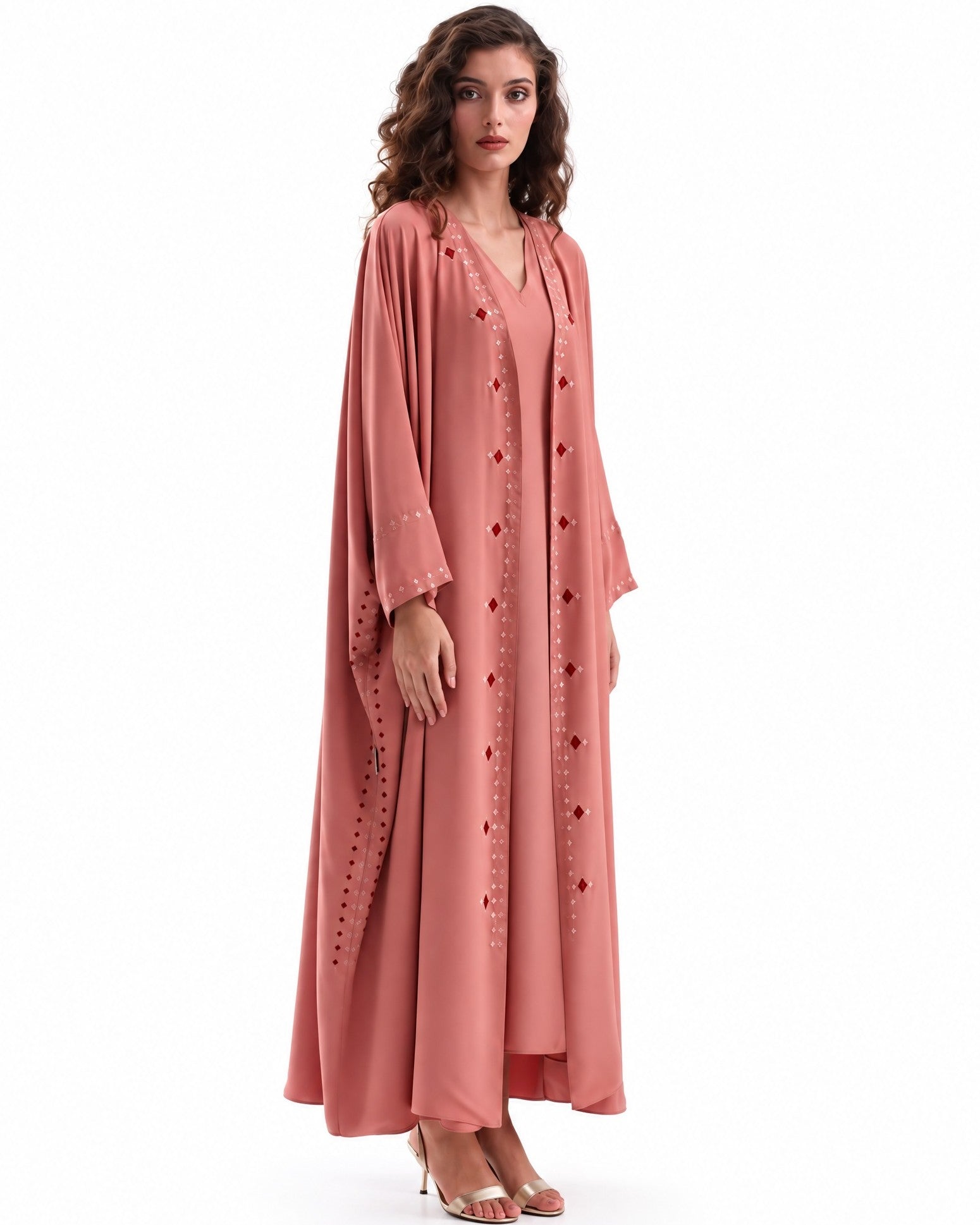 F26 A EC33 - Light Coral Georgette Abaya Set - MAISOON - MIRA Y MANO