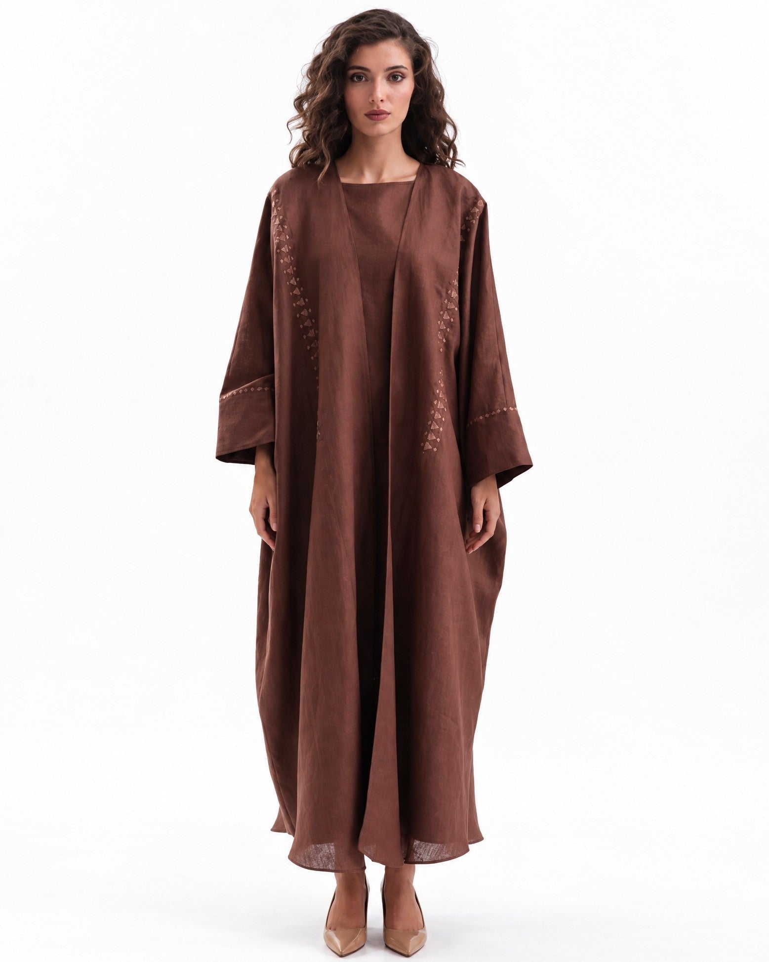 F26 TK102 - Brown Cotton Mix Abaya Set - MAISOON - MIRA Y MANO