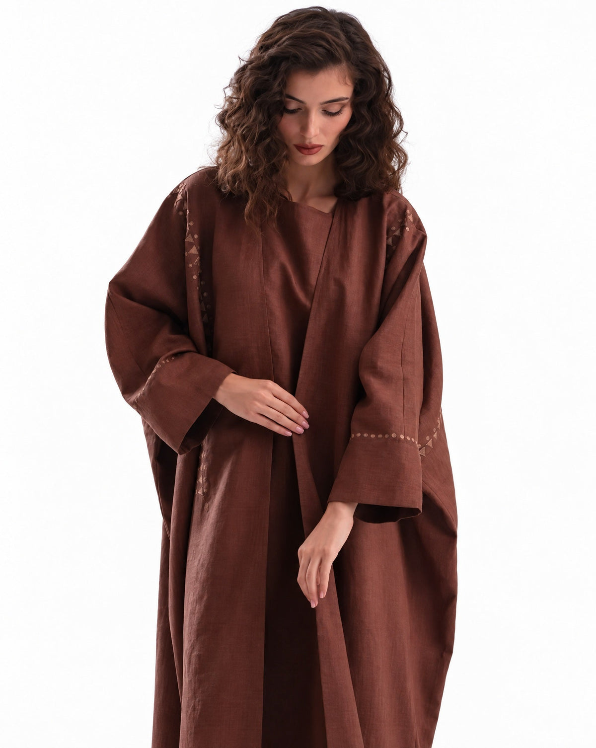 F26 TK102 - Brown Cotton Mix Abaya Set - MAISOON - MIRA Y MANO