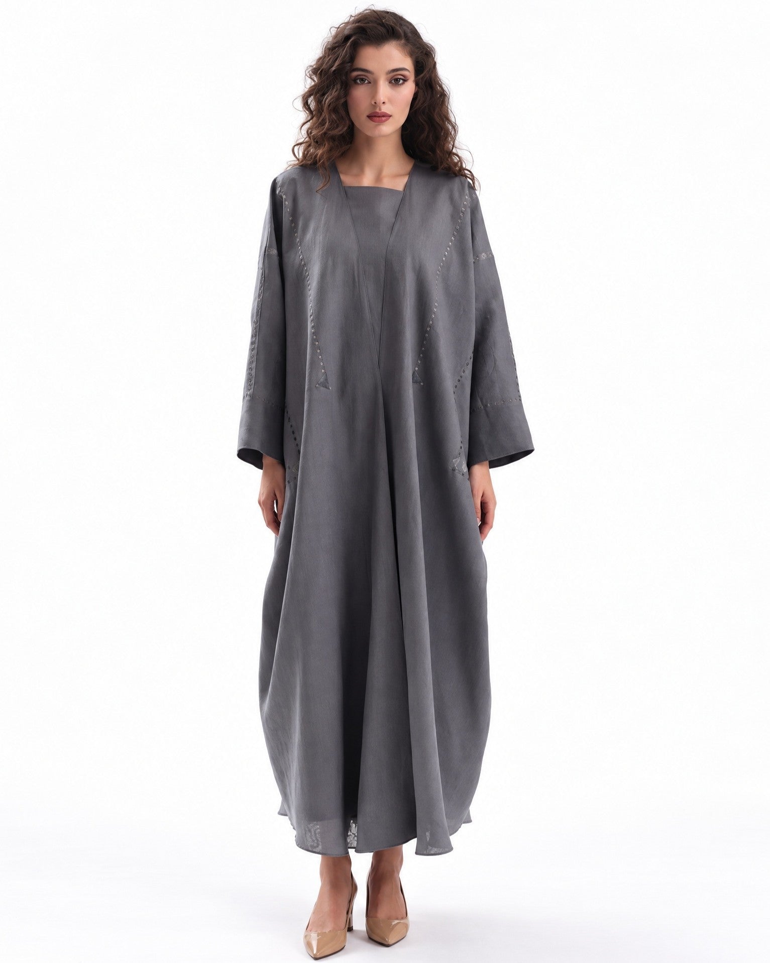 F26 TK14 - Gray Cotton Mix Abaya Set - MAISOON - MIRA Y MANO