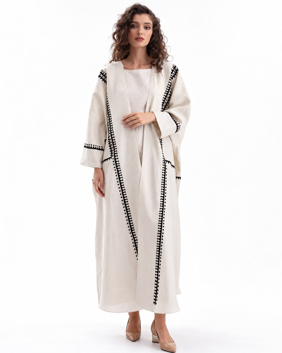 F26 TK3 - Beige Cotton Mix Abaya Set - MAISOON - MIRA Y MANO