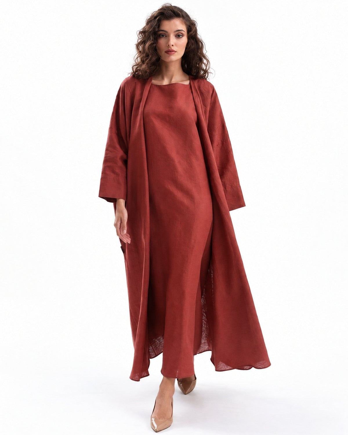 F26 TK87 - Indian Red Cotton Mix Abaya Set - MAISOON - MIRA Y MANO