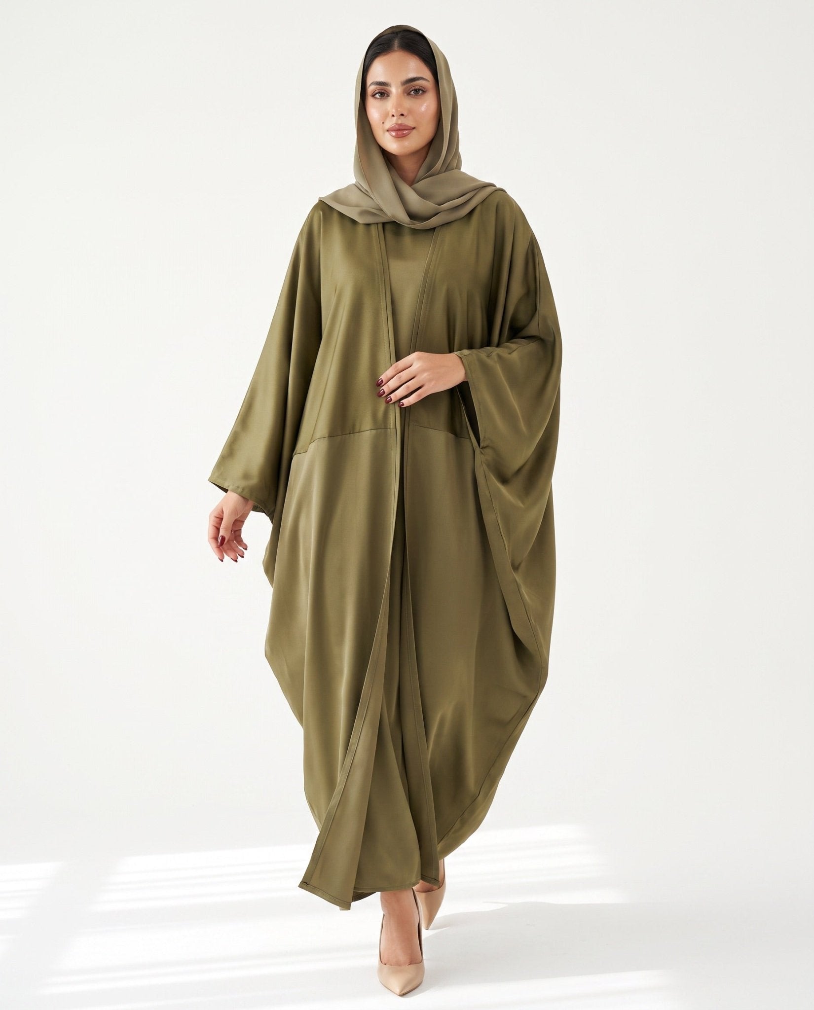 AURA-OL Olive Silk Abaya - MODISH - MIRA Y MANO