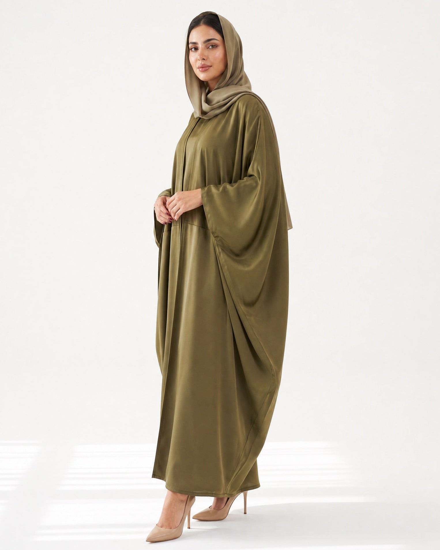 AURA-OL Olive Silk Abaya - MODISH - MIRA Y MANO