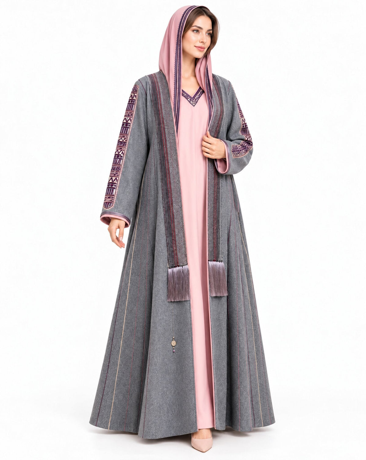 Contrast Scarf B - Gray Wool Abaya Set - MIRA Y MANO