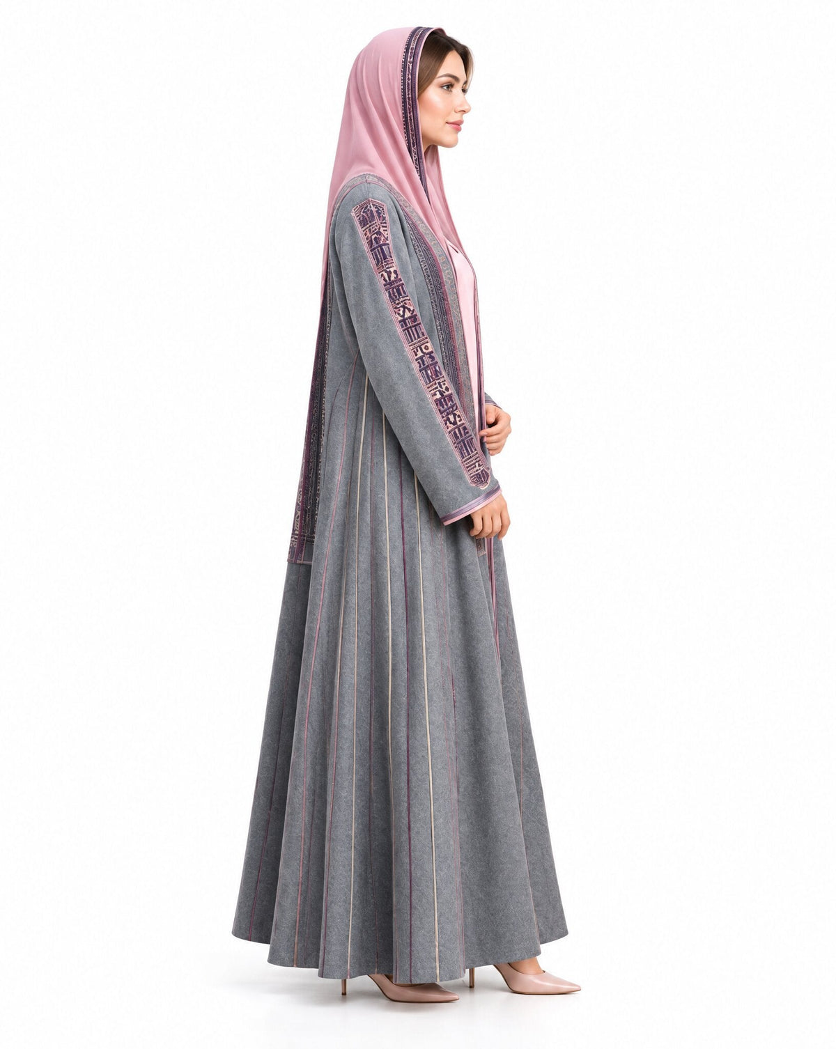 Contrast Scarf B - Gray Wool Abaya Set - MIRA Y MANO