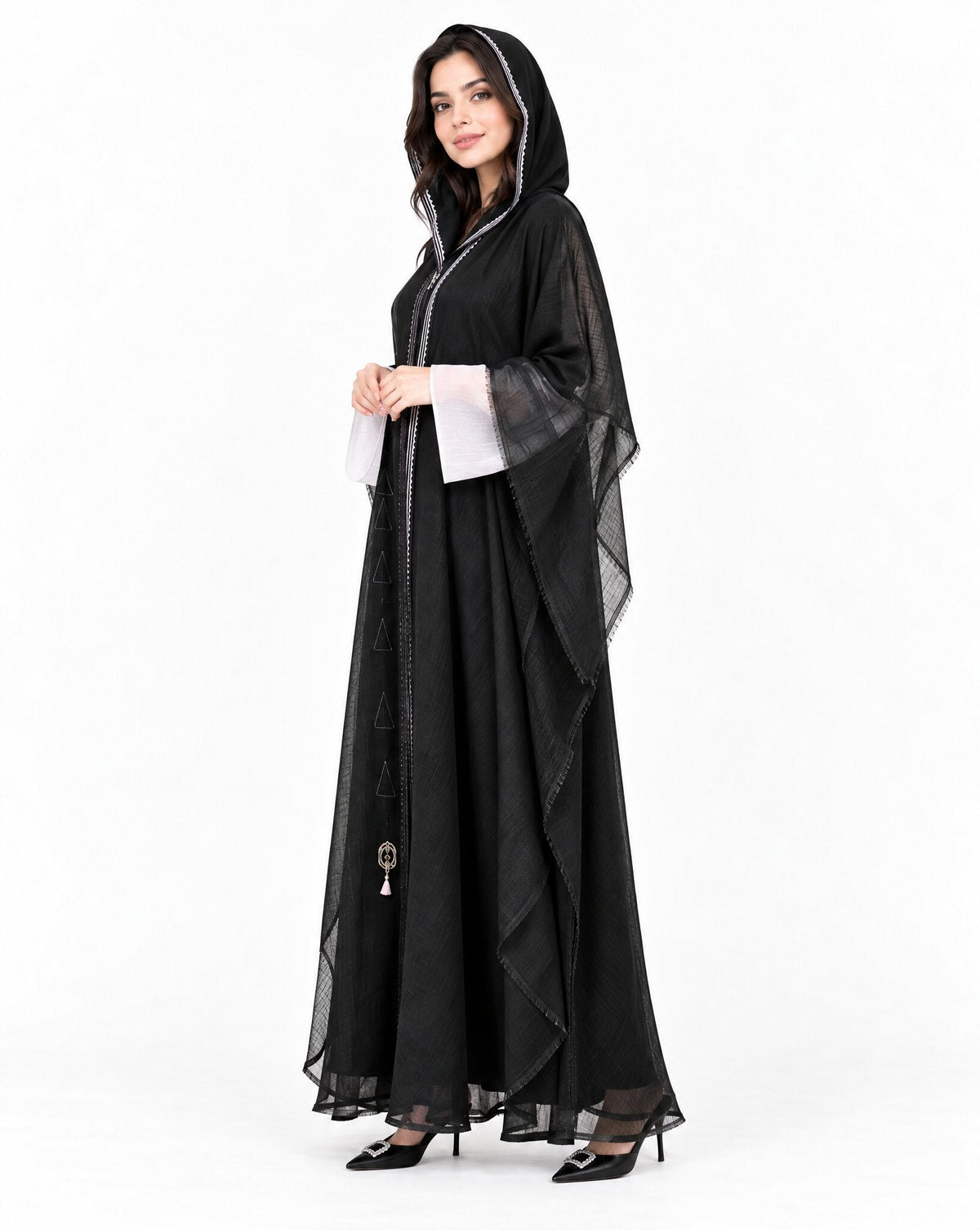 Layered Accent Sheer V - Black Crepe Abaya - MIRA Y MANO