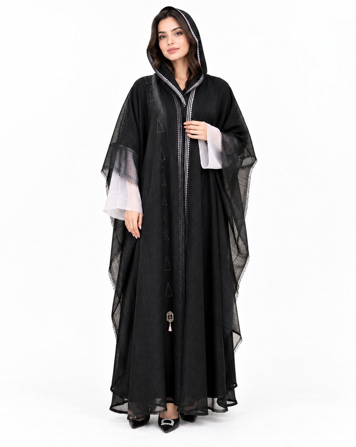 Layered Accent Sheer V - Black Crepe Abaya - MIRA Y MANO
