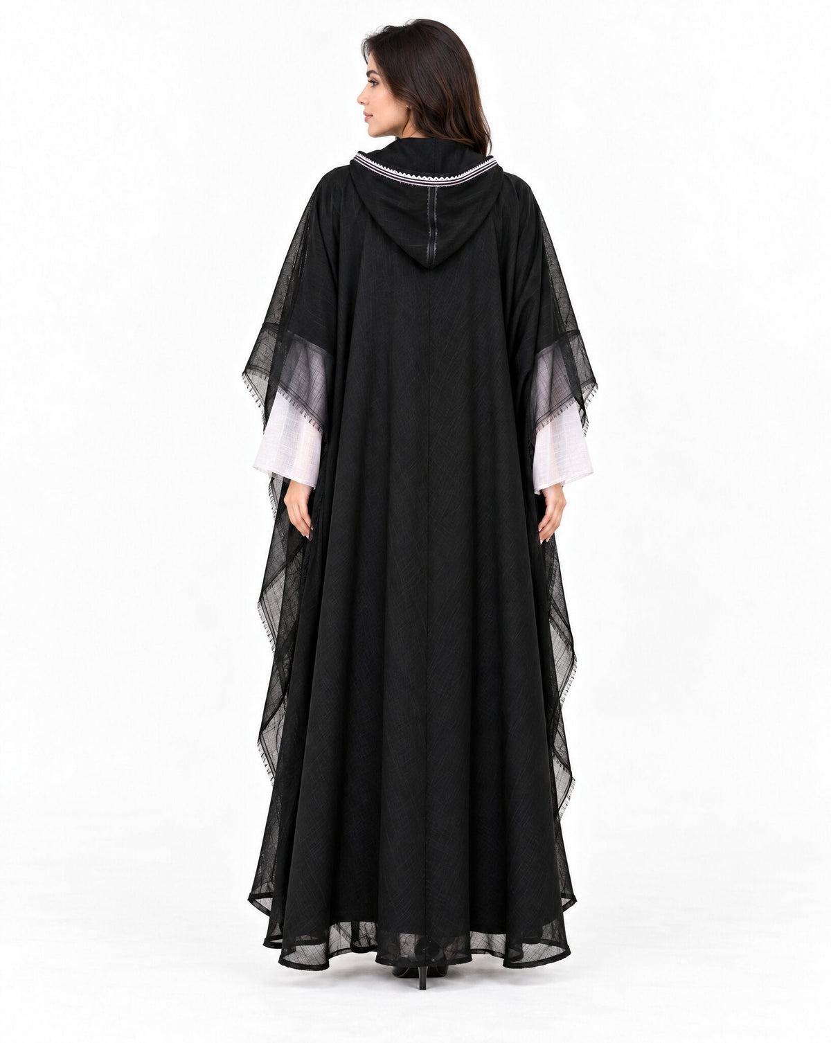 Layered Accent Sheer V - Black Crepe Abaya - MIRA Y MANO
