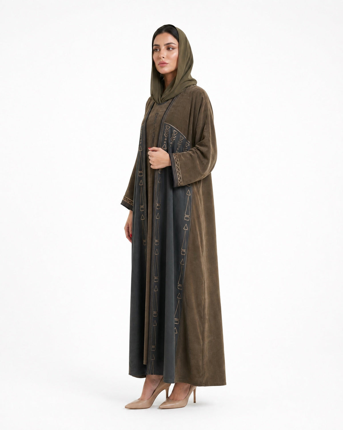 Layered Kimono with Embroidery Olive Abaya Set - MRAISHA - MIRA Y MANO