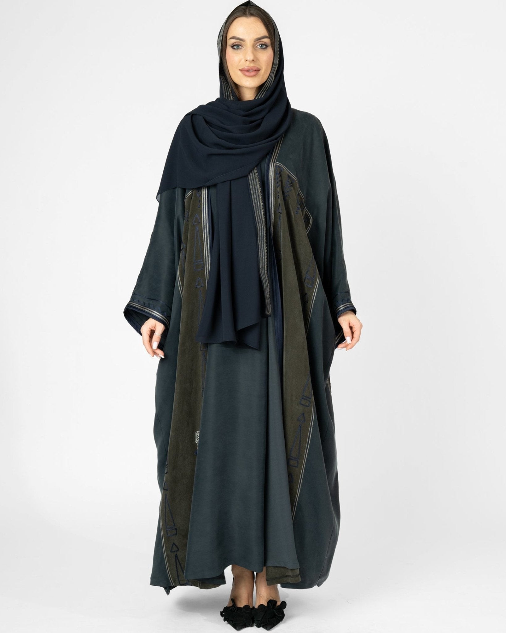 MRAAS2642 - Dark Olive Green Washed Silk Abaya Set - MRAISHA - MIRA Y MANO