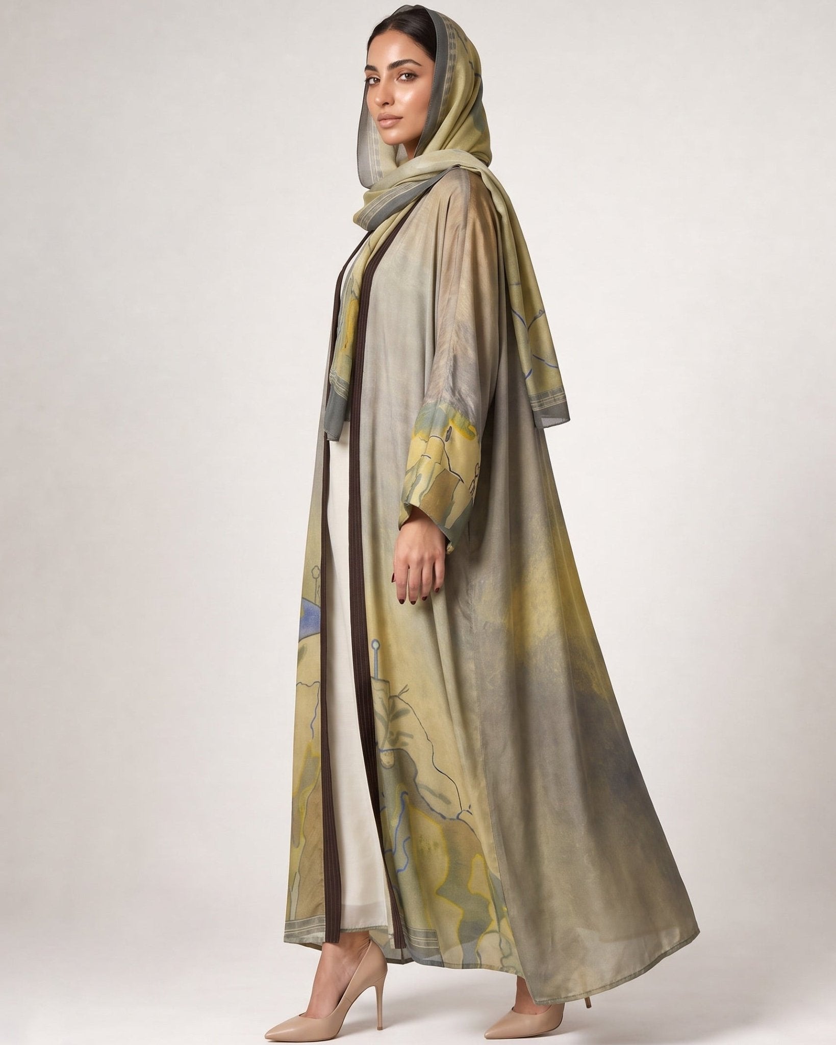 SS26MULS04 - Printed Cotton Silk Abaya - MULAKAAT - MIRA Y MANO