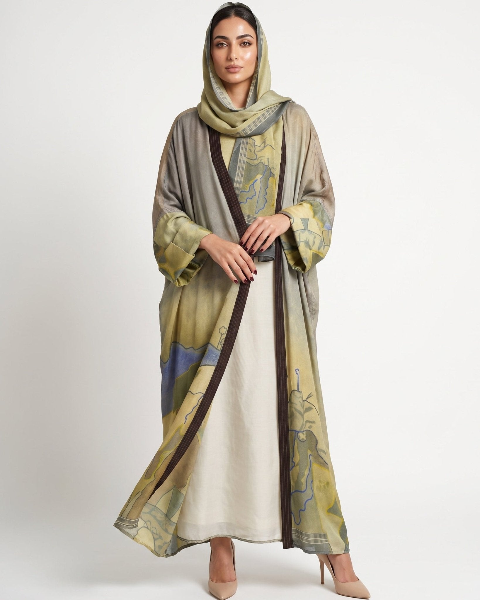 SS26MULS04 - Printed Cotton Silk Abaya - MULAKAAT - MIRA Y MANO