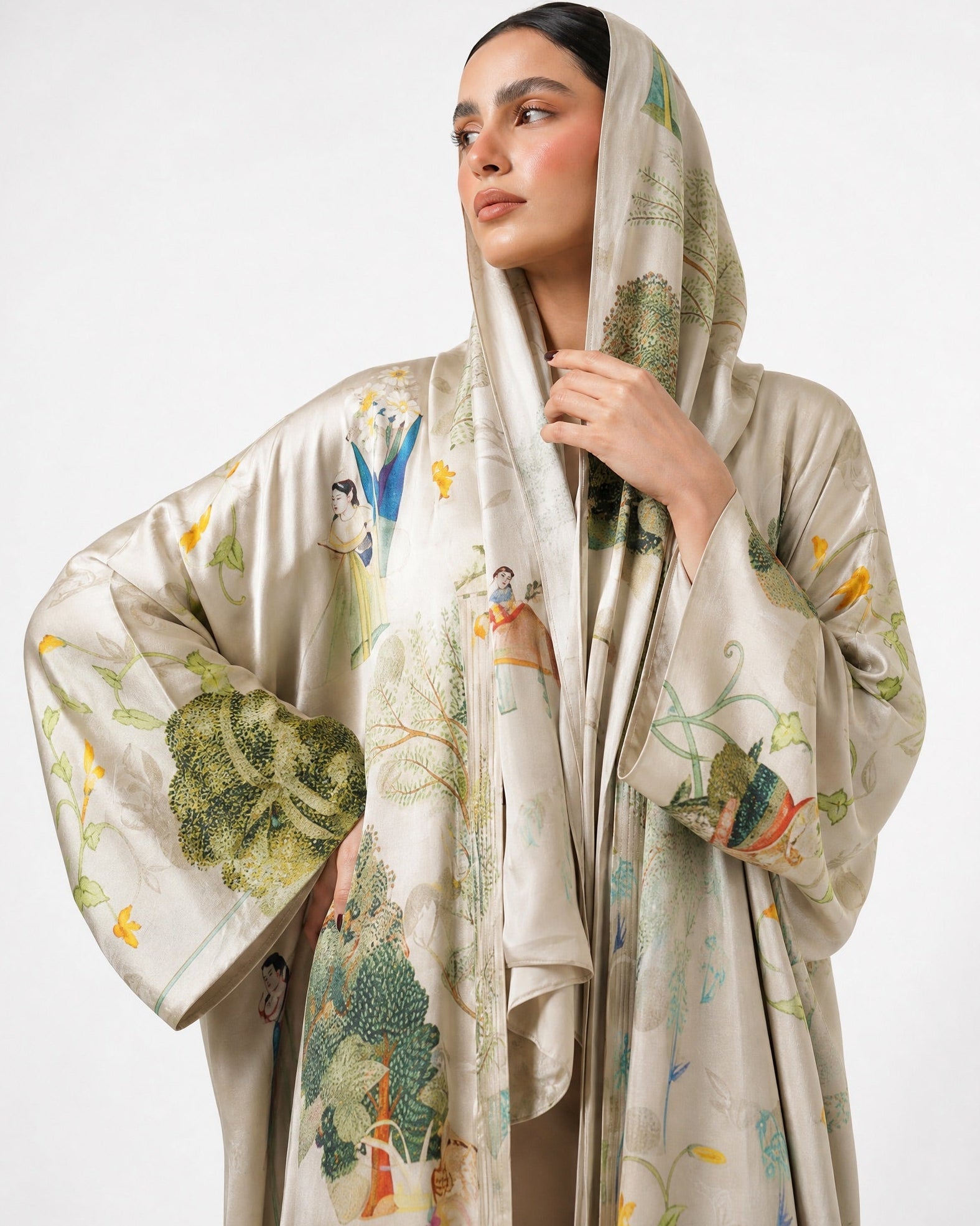 SS26MULS06 - Printed Cotton Silk Abaya - MULAKAAT - MIRA Y MANO