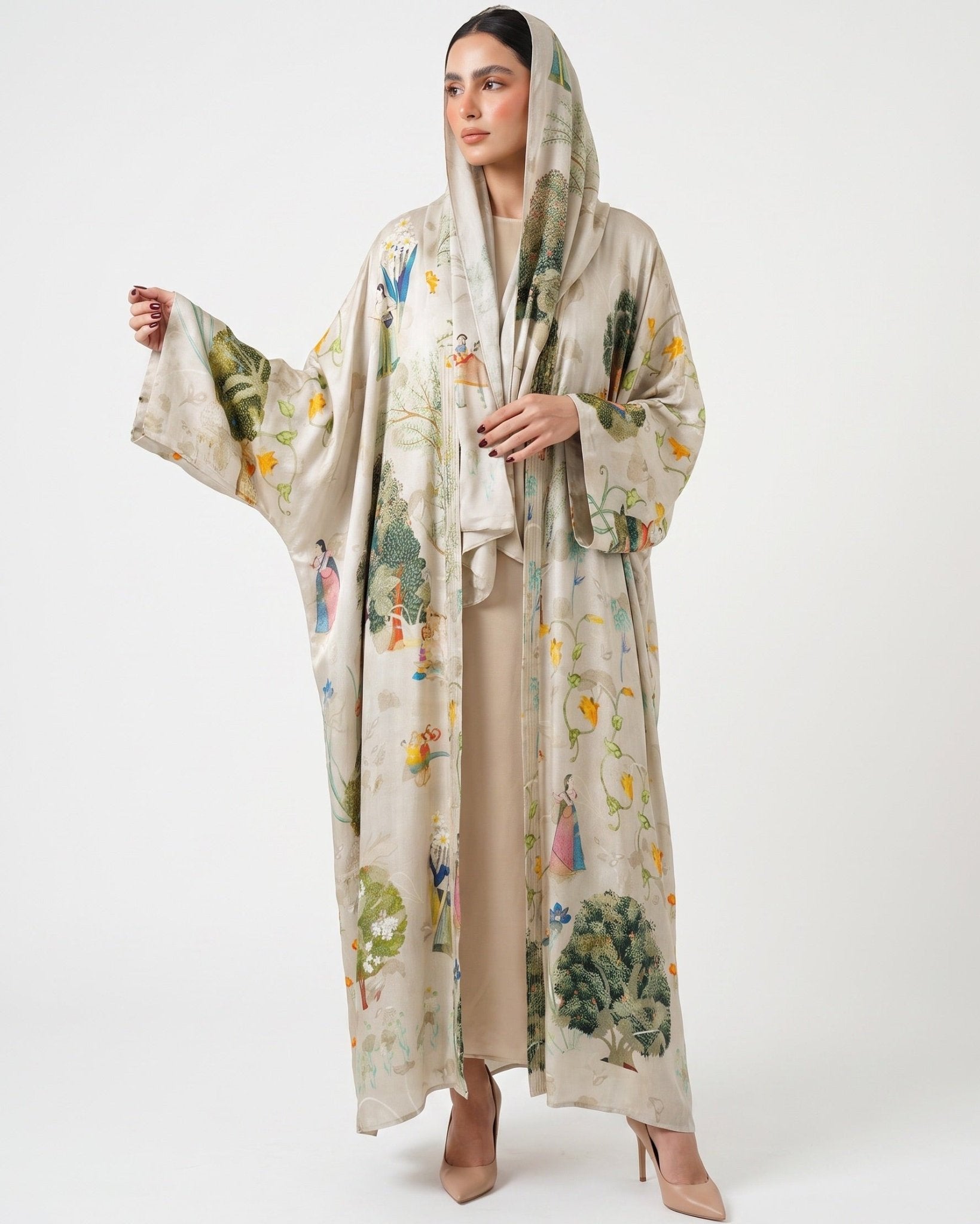 SS26MULS06 - Printed Cotton Silk Abaya - MULAKAAT - MIRA Y MANO