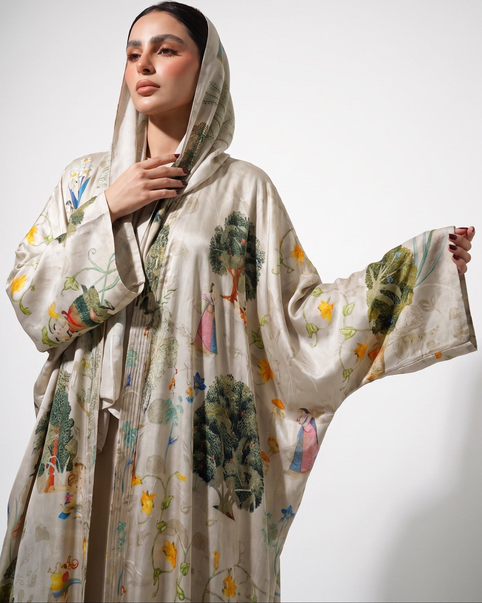 SS26MULS06 - Printed Cotton Silk Abaya - MULAKAAT - MIRA Y MANO