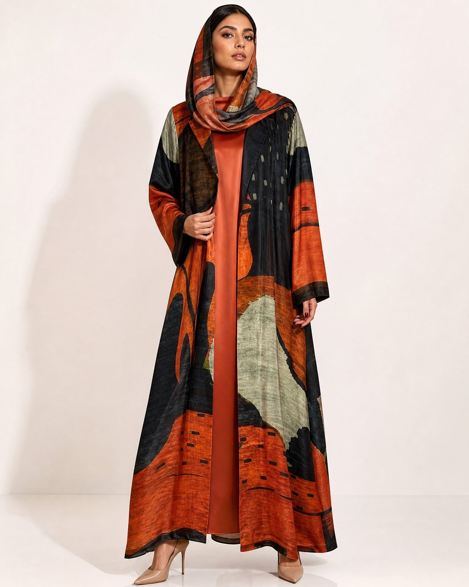 SS26MULS11 - Printed Cotton Silk Abaya - MULAKAAT - MIRA Y MANO