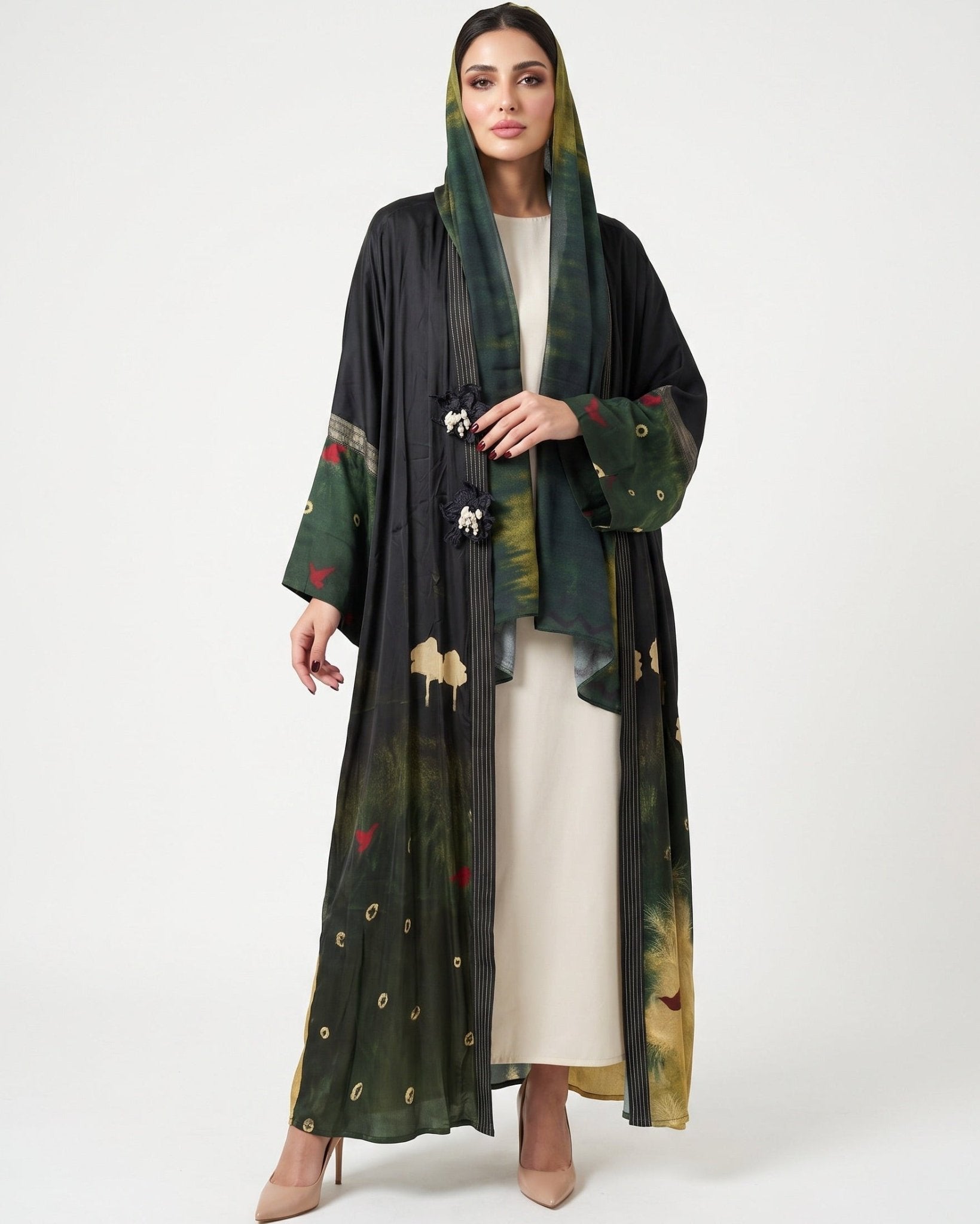 SS26MULS12 - Printed Cotton Silk Abaya - MULAKAAT - MIRA Y MANO