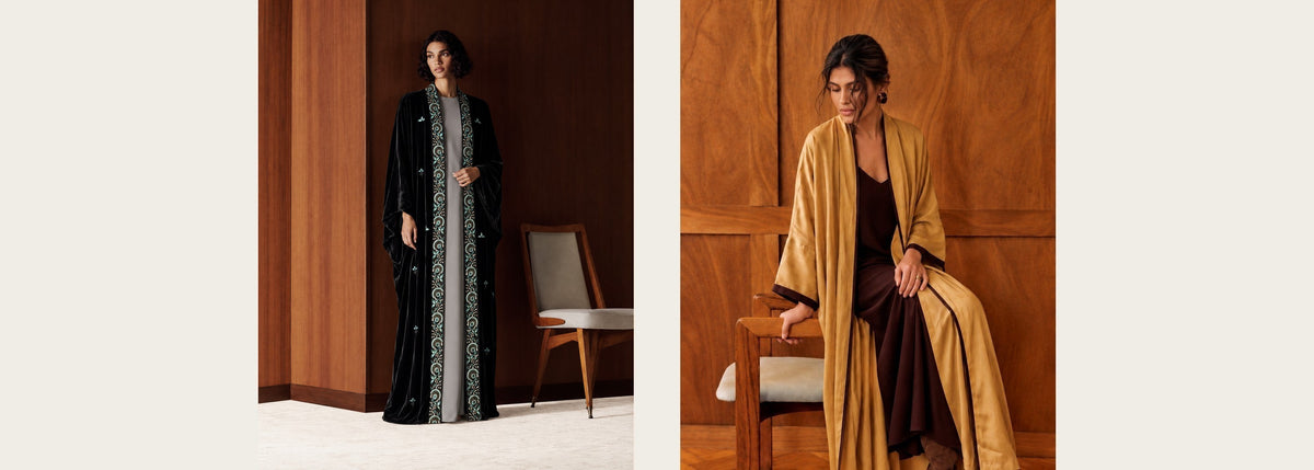 Two autumn looks in wood-panelled rooms: a black velvet abaya with a teal and cream embroidered border over a grey dress, and a goldenrod washed-silk abaya over a dark brown dress