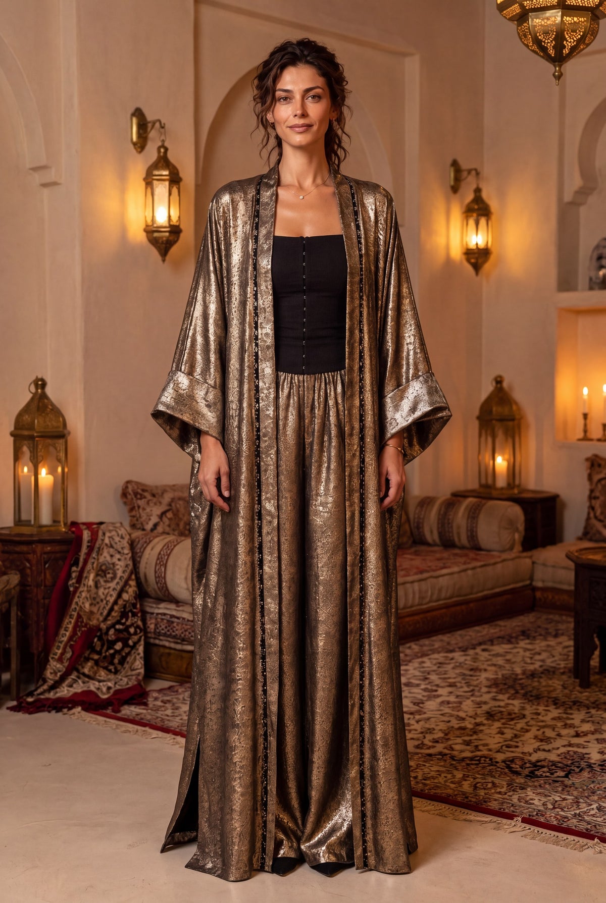 Lurex golden silk abaya set in a lantern-lit majlis