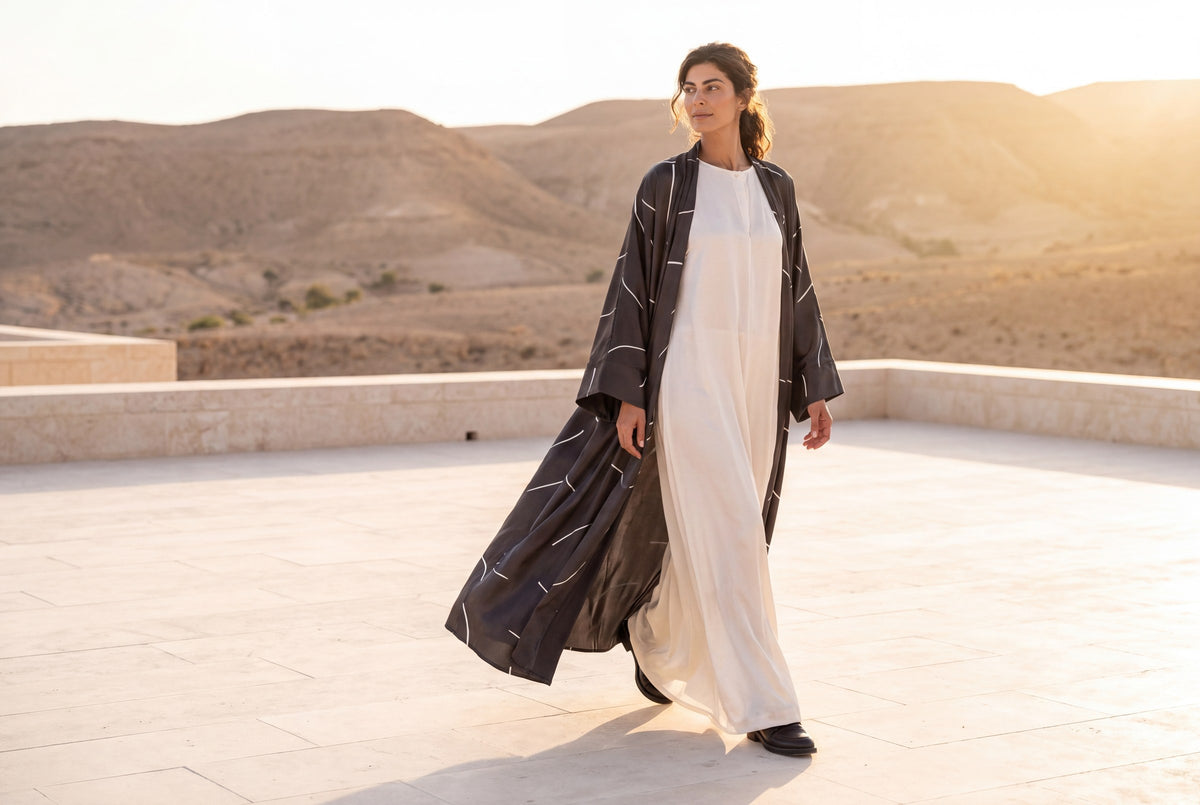 Japanese silk gray abaya set on a limestone terrace at golden hour