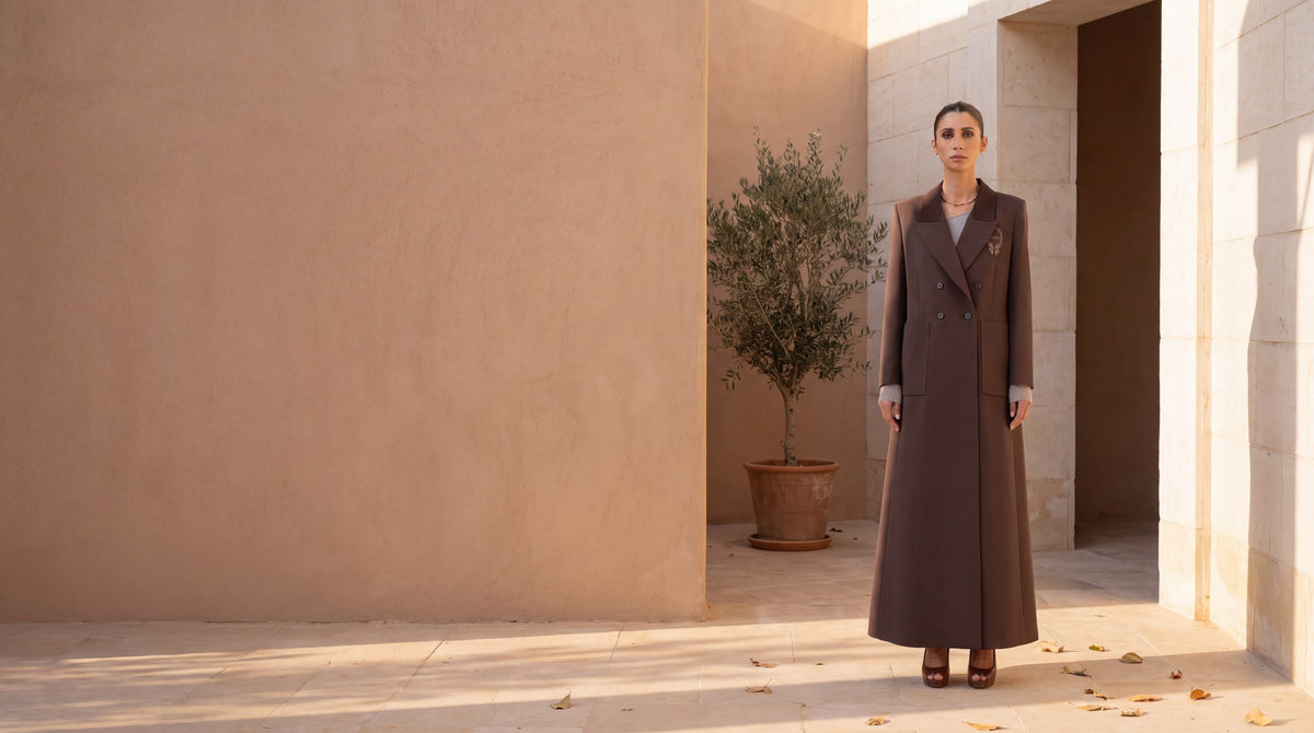 Model in a saddle brown double-breasted crepe abaya coat in a sunlit limestone courtyard