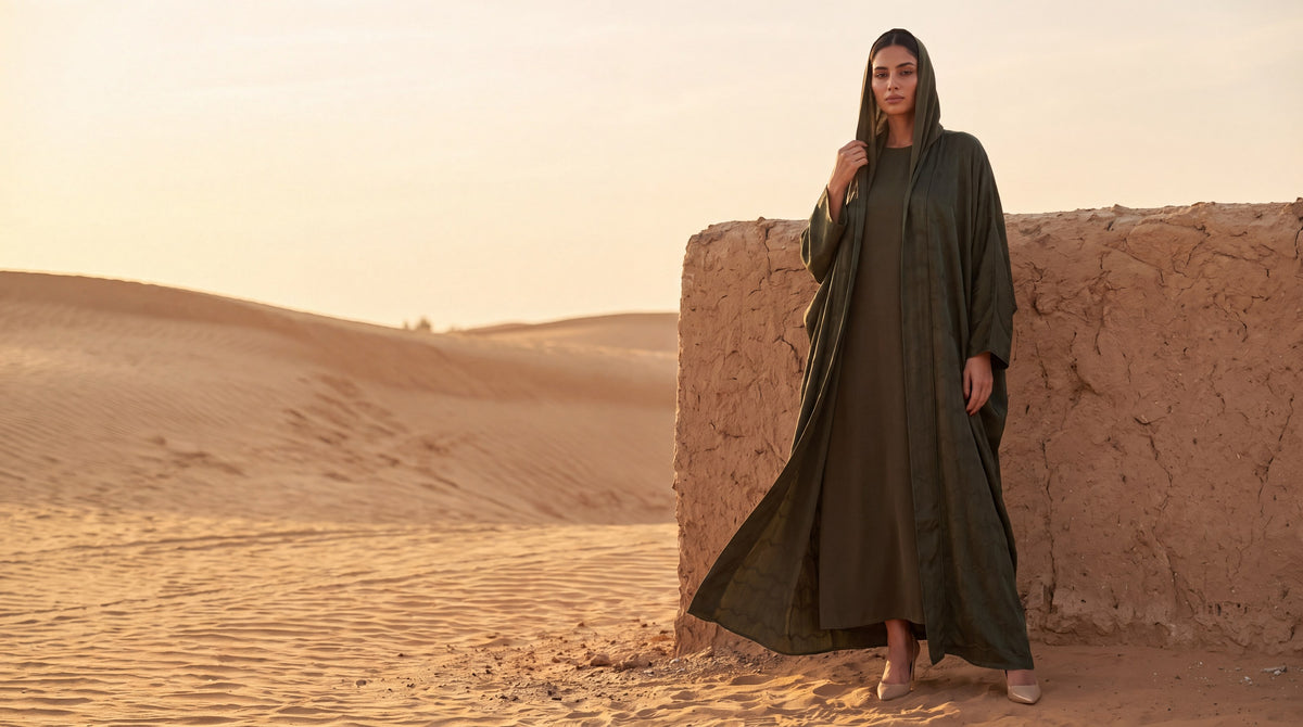 Model in a dark olive washed-silk hooded abaya beside a mud-brick wall at the edge of the desert