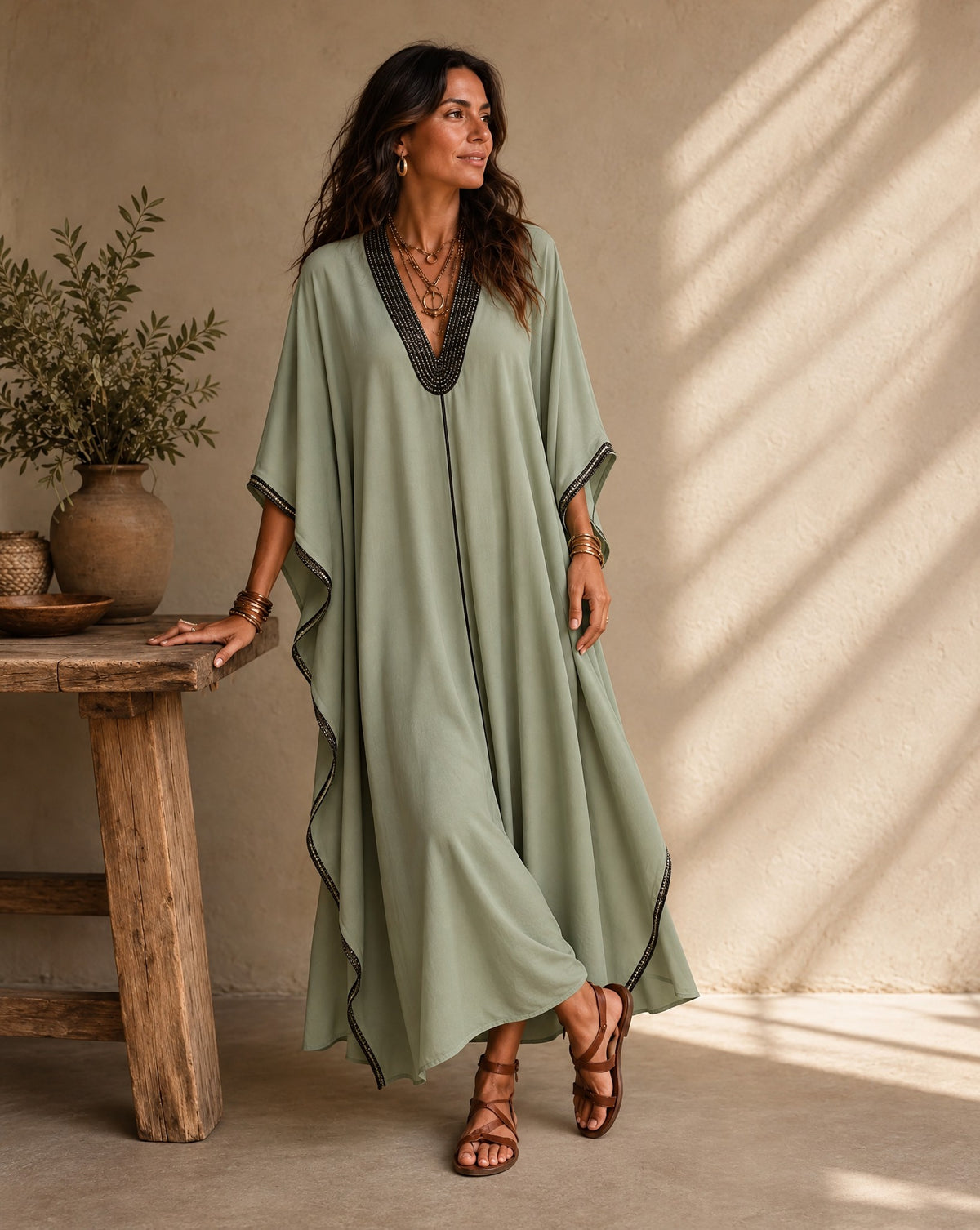 Model in a sage green batwing kaftan with a dark V-neck band, in a sunlit courtyard