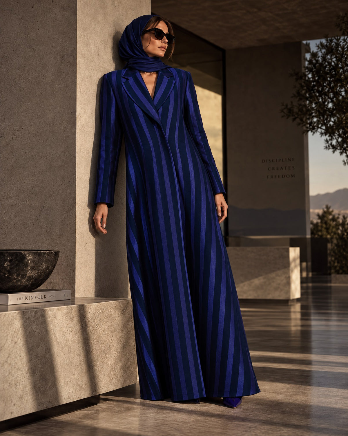Model in a long blue and purple striped jacquard coat abaya with a matching head scarf, outside a stone building