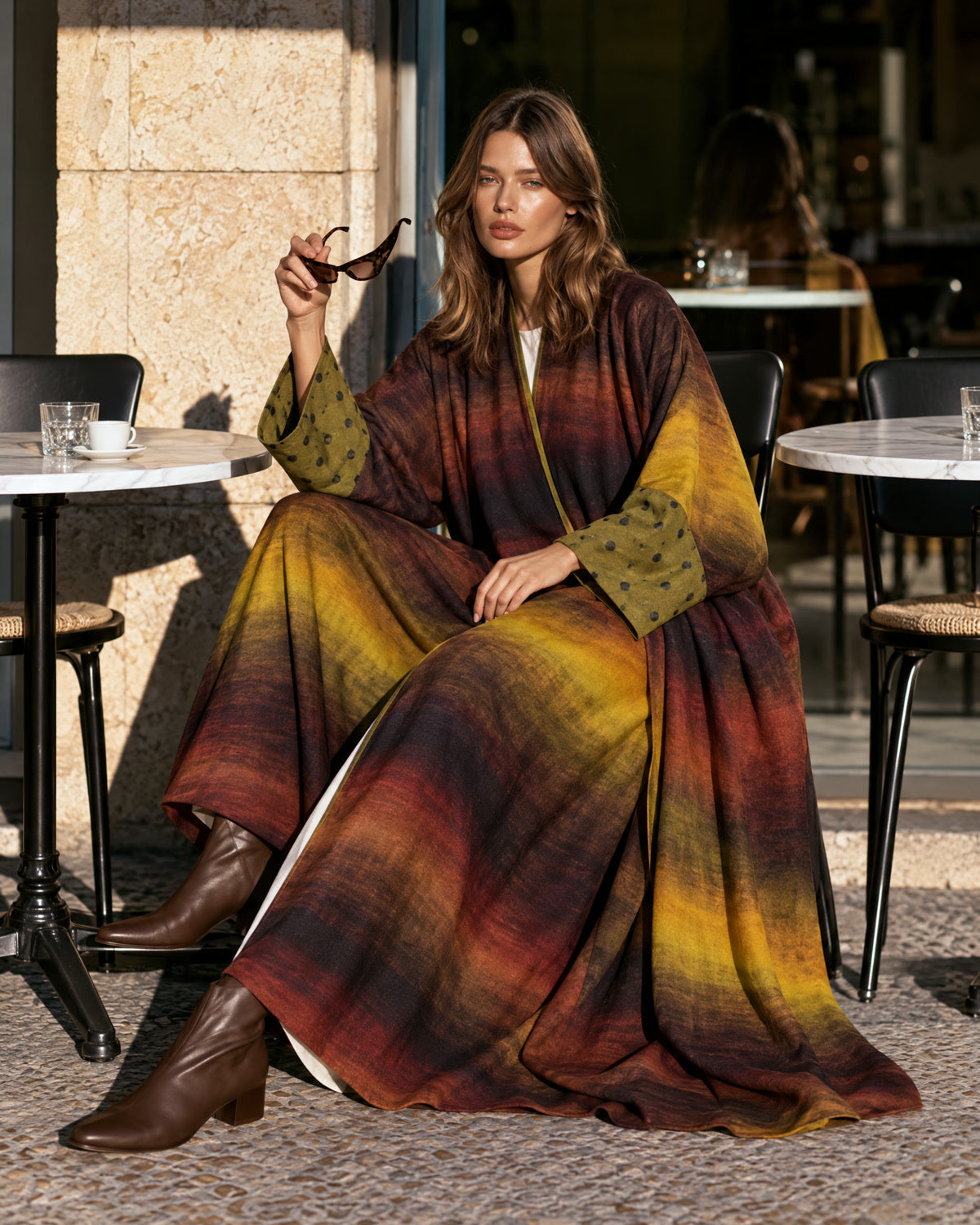 Model in an ombre check abaya seated at a cafe table
