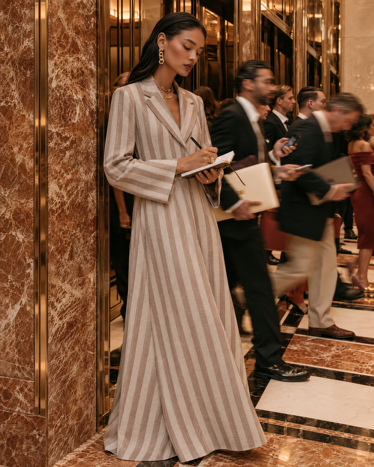 Model in a beige pinstripe coat abaya in a marble office lobby